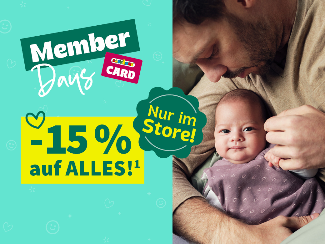 Member Days! Nur im Store! -15% auf Alles¹ mit der BabyOne-Card. Vater hält Baby im Arm.