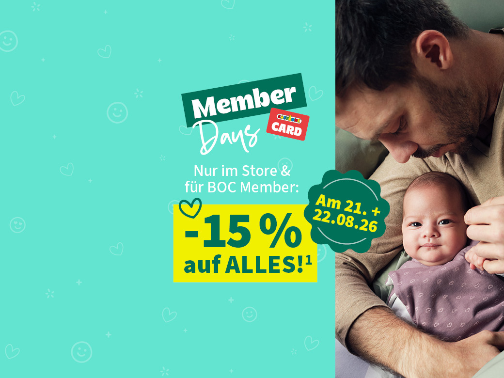 Mann hält Baby - Member Days am 21.08 + 22.08. nur im Stoire & für BOC Member -15% auf ALLES