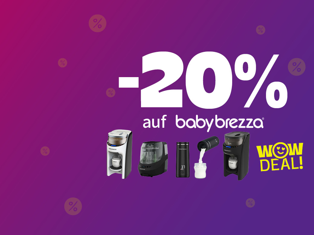 -20% auf babybrezza. WOW Deal. Babykostwärmer und Nahrungszubereiter auf lila Hintergrund abgebildet.