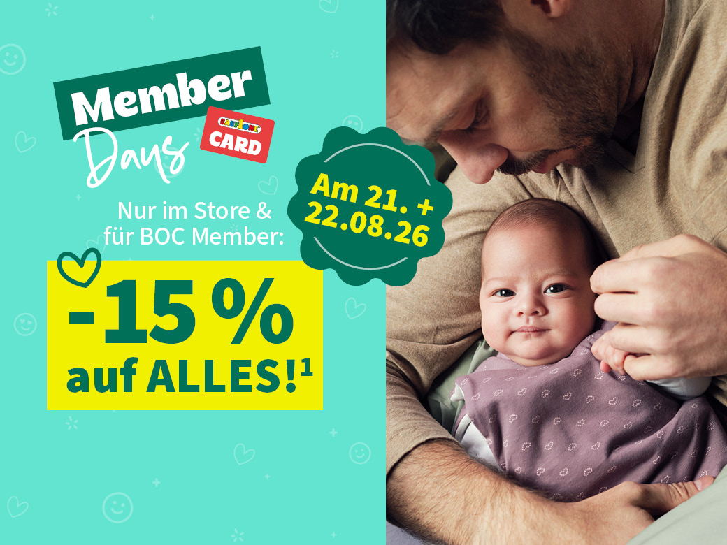 Mann hält Baby - Member Days am 21.08 + 22.08. nur im Stoire & für BOC Member -15% auf ALLES