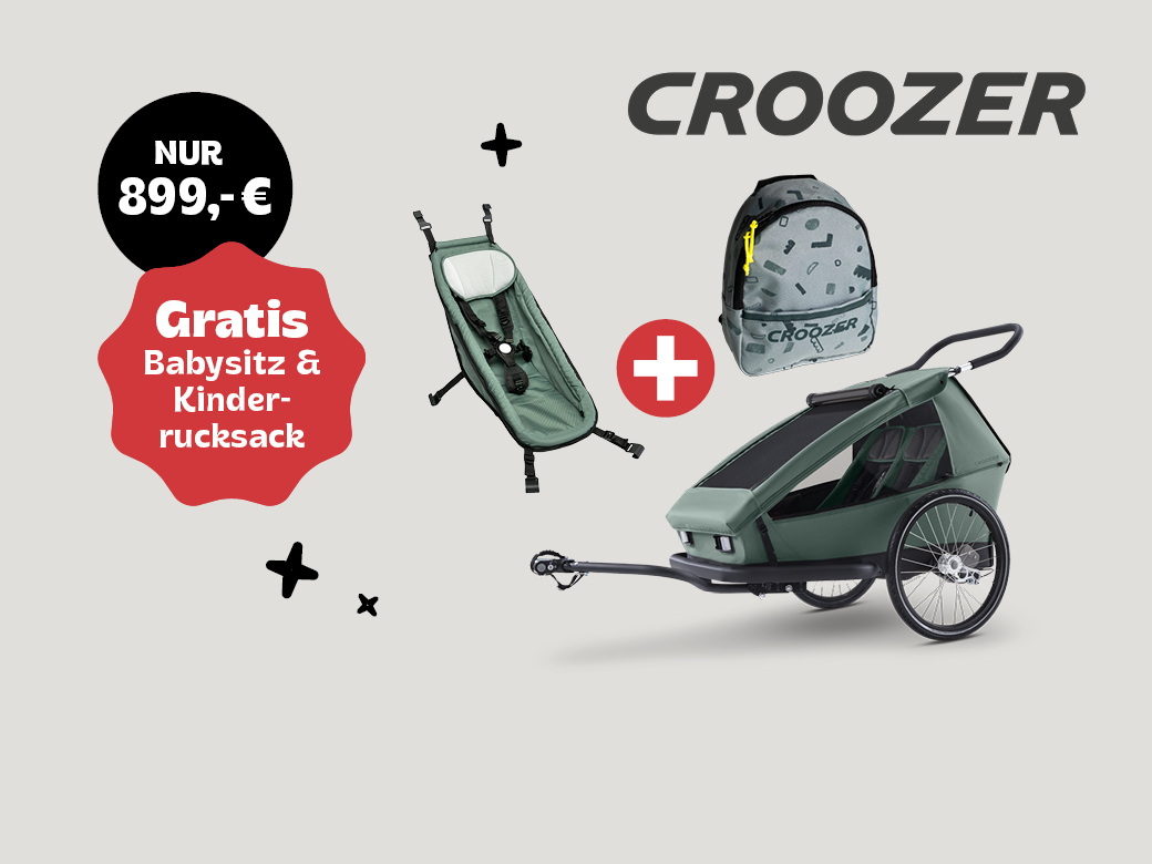Nur 899€. Croozer Fahrradanhänger Kid Ellma in jungle green mit gratis Babysitz und Kinderrucksack.