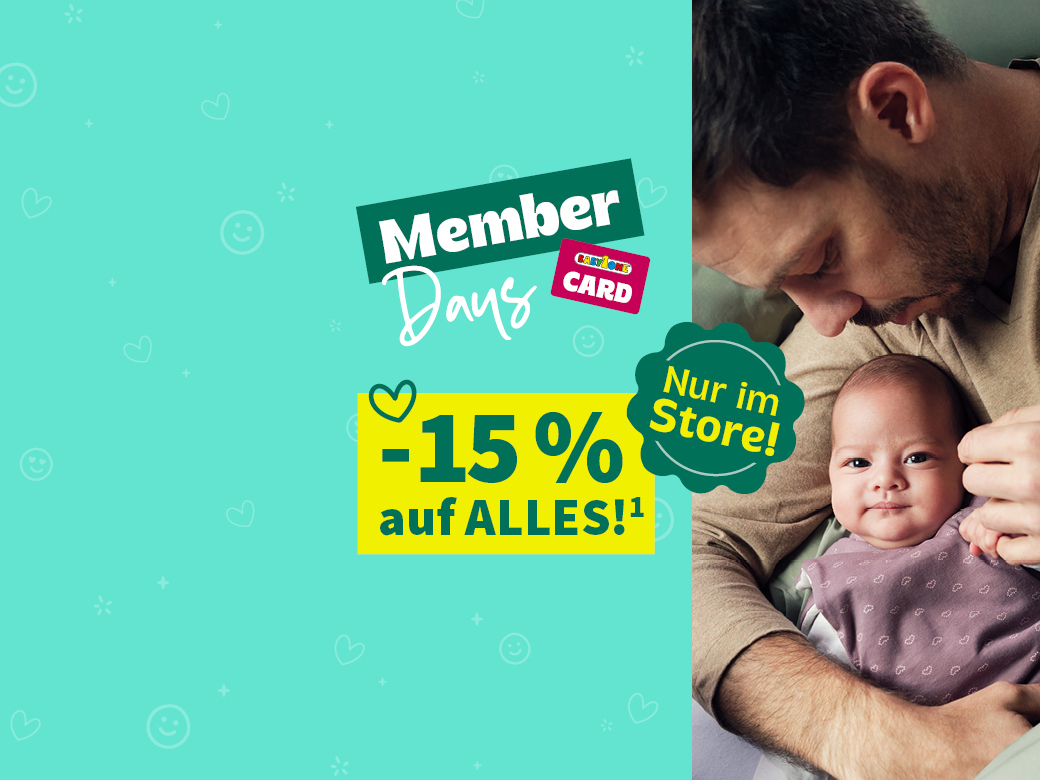 Member Days! Nur im Store! -15% auf Alles¹ mit der BabyOne-Card. Vater hält Baby im Arm.