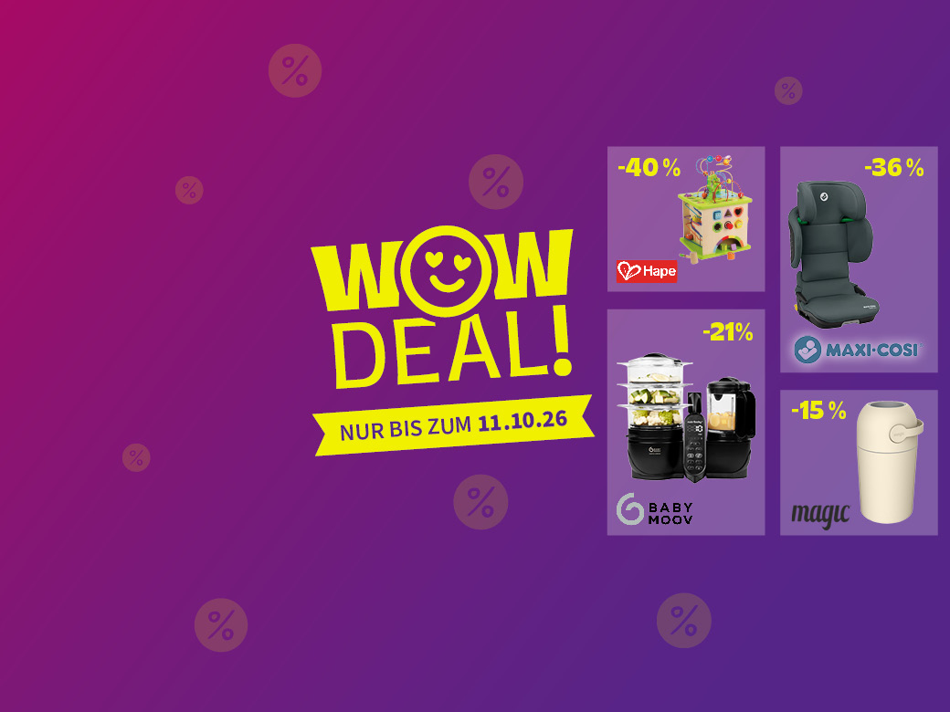 WOW Deal nur bis 11.10.26. Windeleimer 15%, Kindersitze 36%, Nahrungszubereiter 22%, Motorikwürfel 40% abgebildet auf lila Hintergrund.