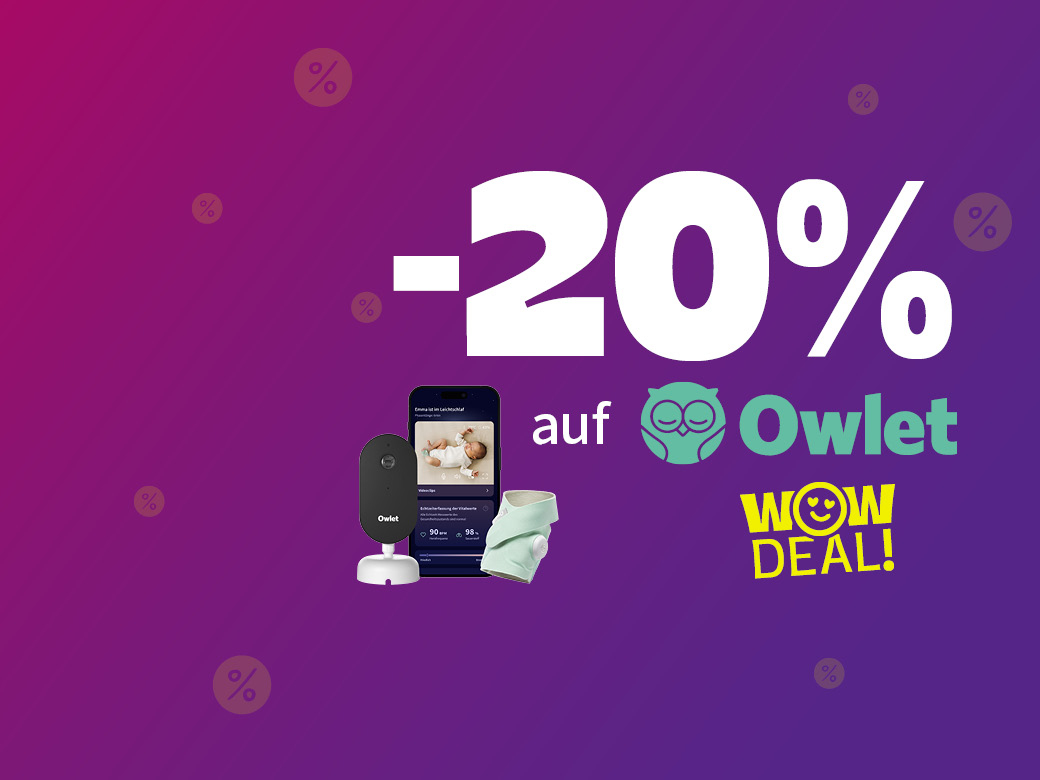 WOW Deal! 20% auf Owlet. Söckchen, Videobabyphone auf lila Hintergrund abgebildet.