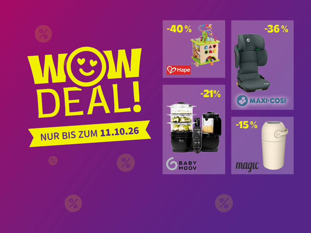 WOW Deal nur bis 11.10.26. Windeleimer 15%, Kindersitze 35%, Nahrungszubereiter 22%, Motorikwürfel 44% abgebildet auf lila Hintergrund.