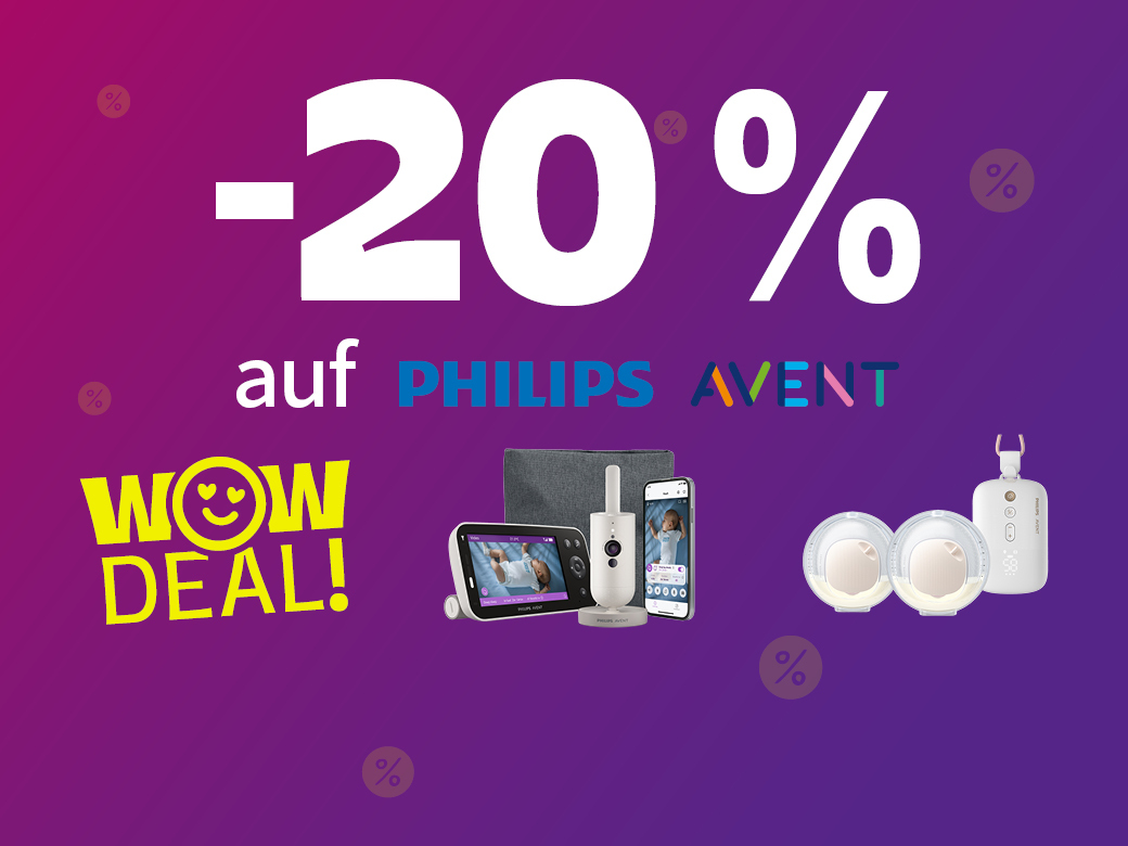 WOW Deal: -20% auf Philips Avent. Videobabyphone und Free Milchpumpe auf lila Hintergrund abgebildet. 