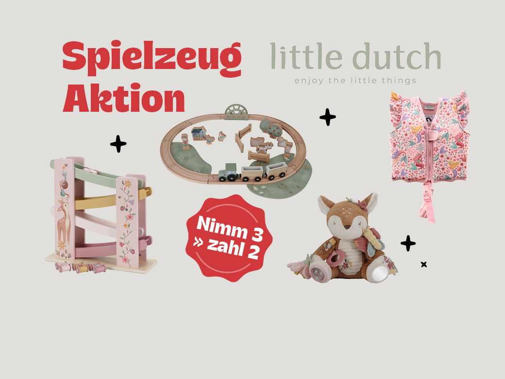 Little Dutch: 3 für 2 Spielzeug Aktion. Verschiedene Spielzeuge abgebildet.