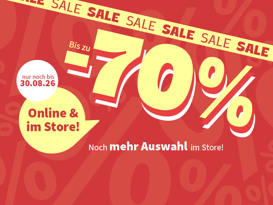 Summersale online und im Store. Bis zu -70%. Noch mehr Auswahl im Store. Nur noch bis 30.08.26. Gelbe Schrift auf rotem Hintergrund.