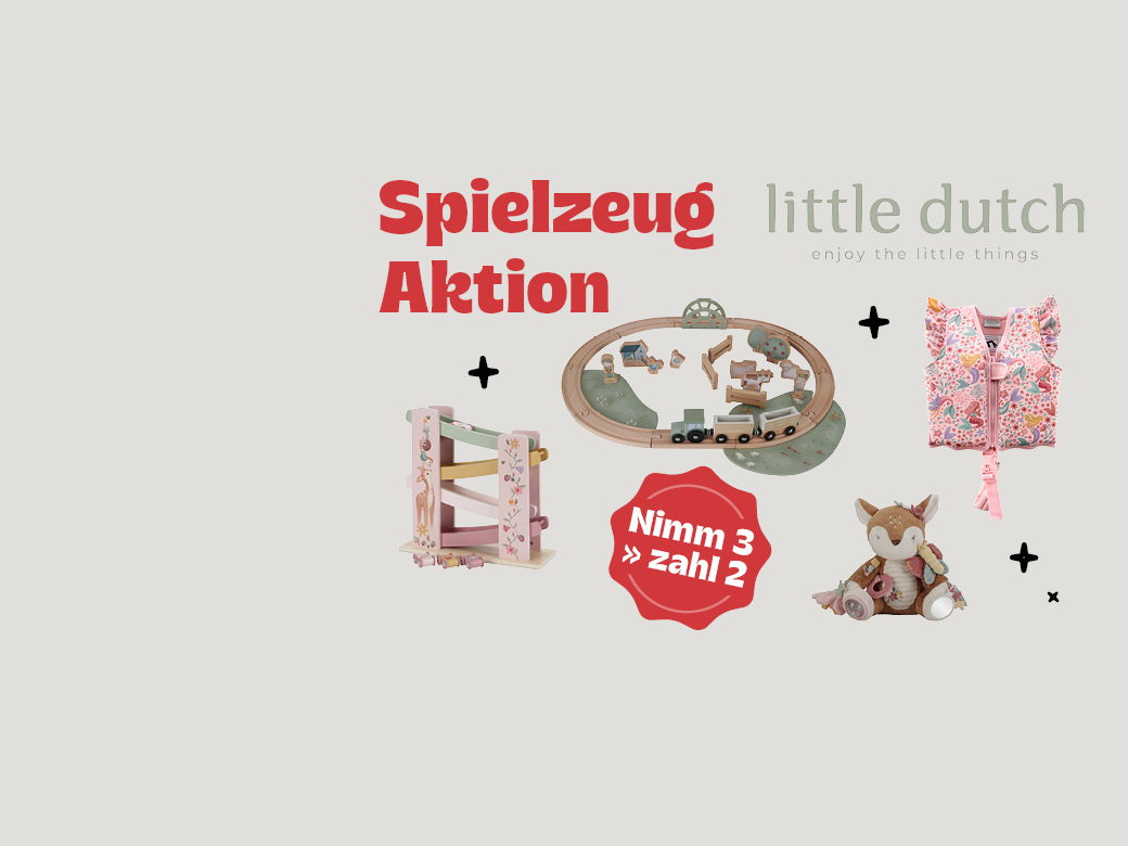 Little Dutch: 3 für 2 Spielzeug Aktion. Verschiedene Spielzeuge abgebildet.