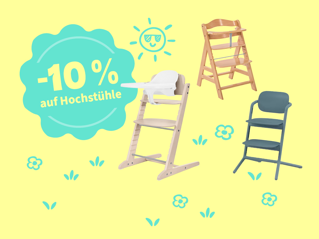 -10% Rabatt auf Hochstühle. Verschiedene Modell abgebildet auf gelbem Hintergrund.