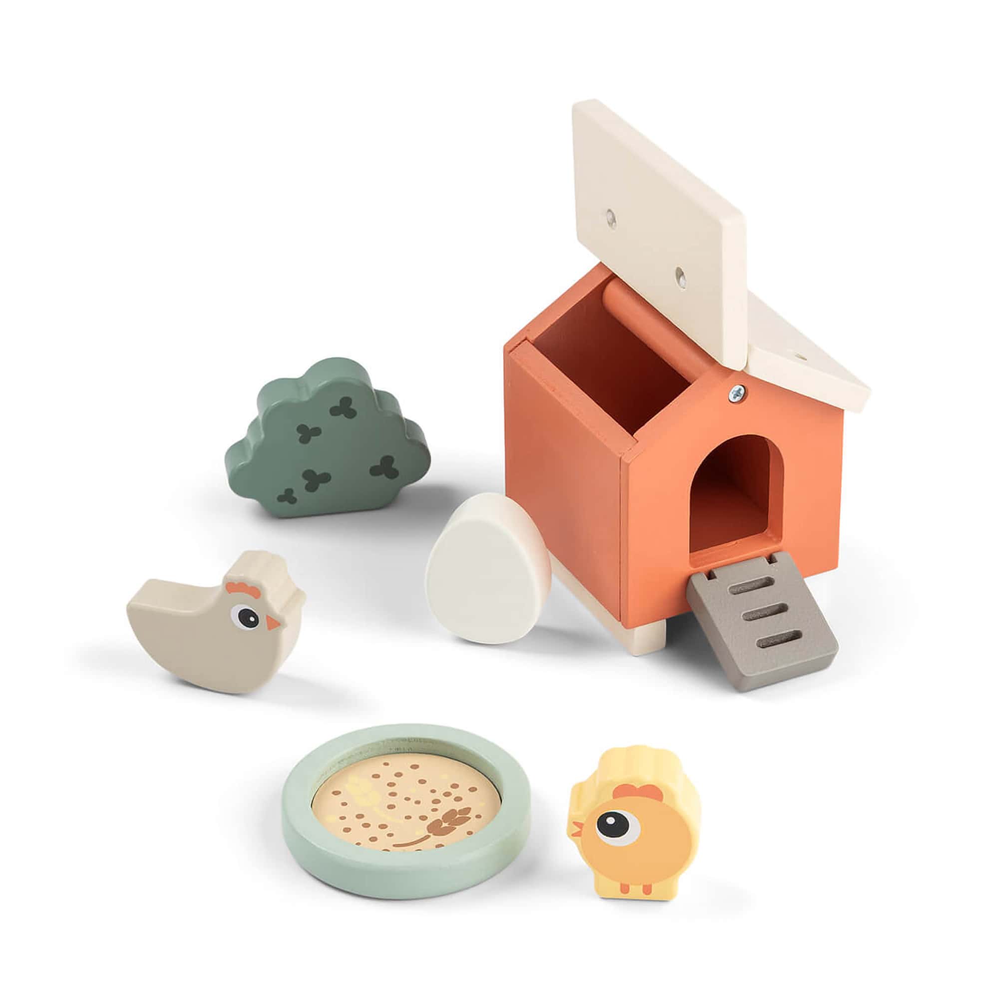 Holzfiguren, done by deer, Weiß – Besonderheit: mit Huhn Clucky, einem Küken, Stall, Futterschale und Busch
