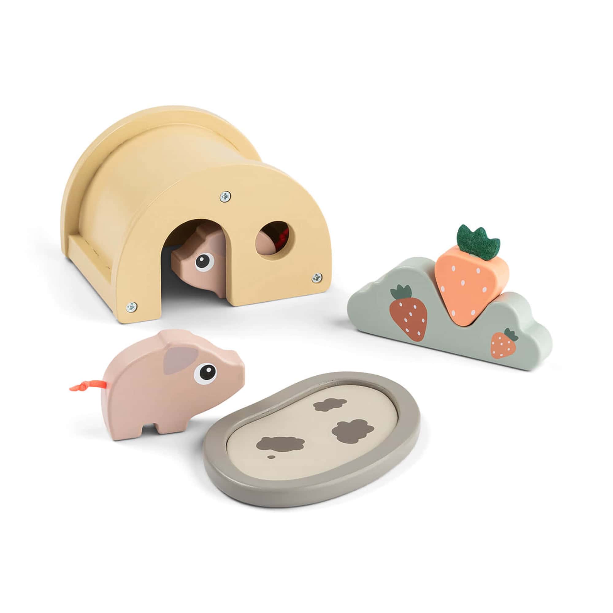 Holzfiguren, done by deer, Pink – Besonderheit: mit Schwein Pigee, einem Ferkel, einer Suhle, Erdbeeren und ein Stall
