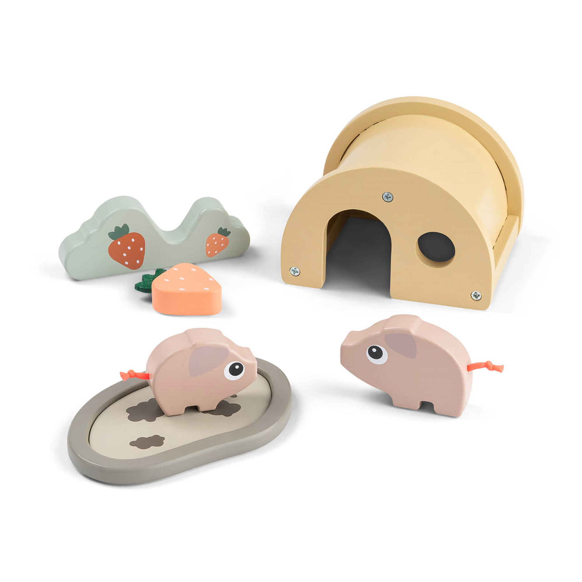 Holzfiguren, done by deer, Pink – Besonderheit: mit Schwein Pigee, einem Ferkel, einer Suhle, Erdbeeren und ein Stall
