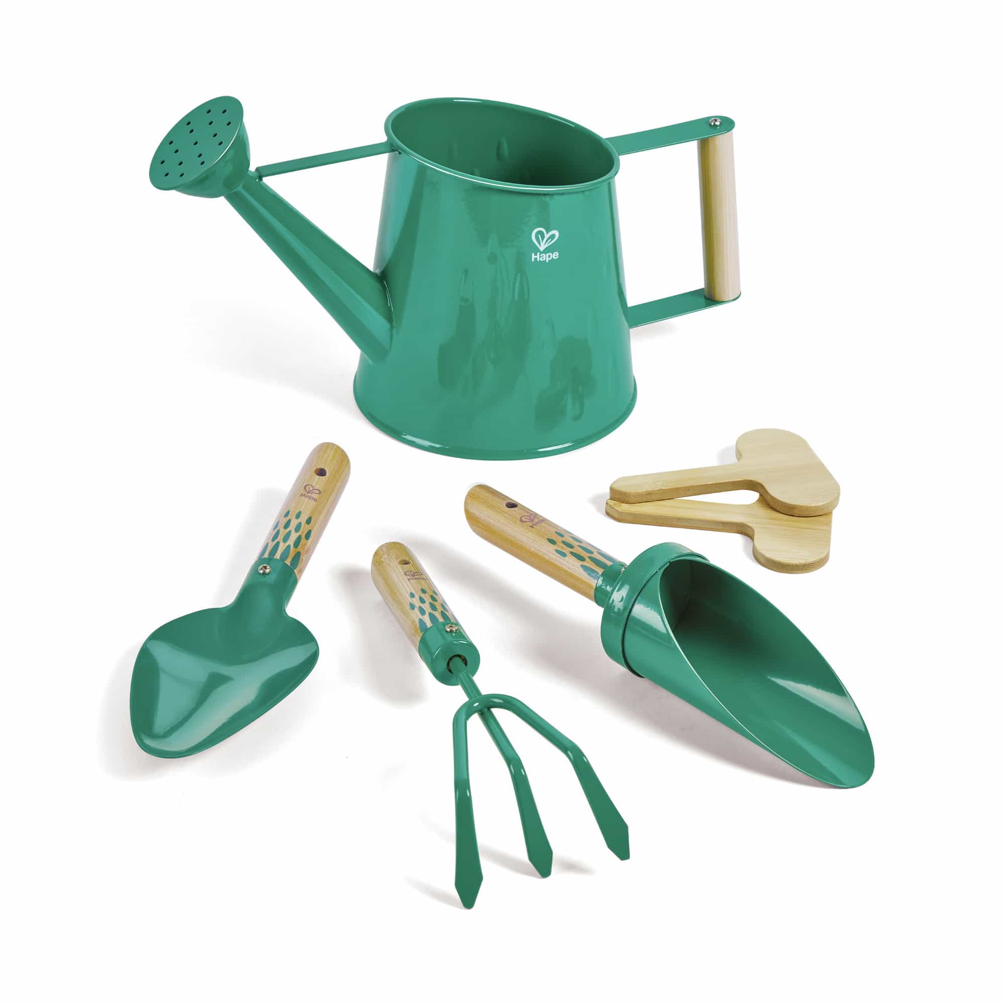 Gartenspielzeug, Hape, Grün – Besonderheit: enthält eine Gießkanne, einen kleinen Spaten, eine Harke, eine Schaufel/Spaten und zwei Bambus-Pflanzenschilder