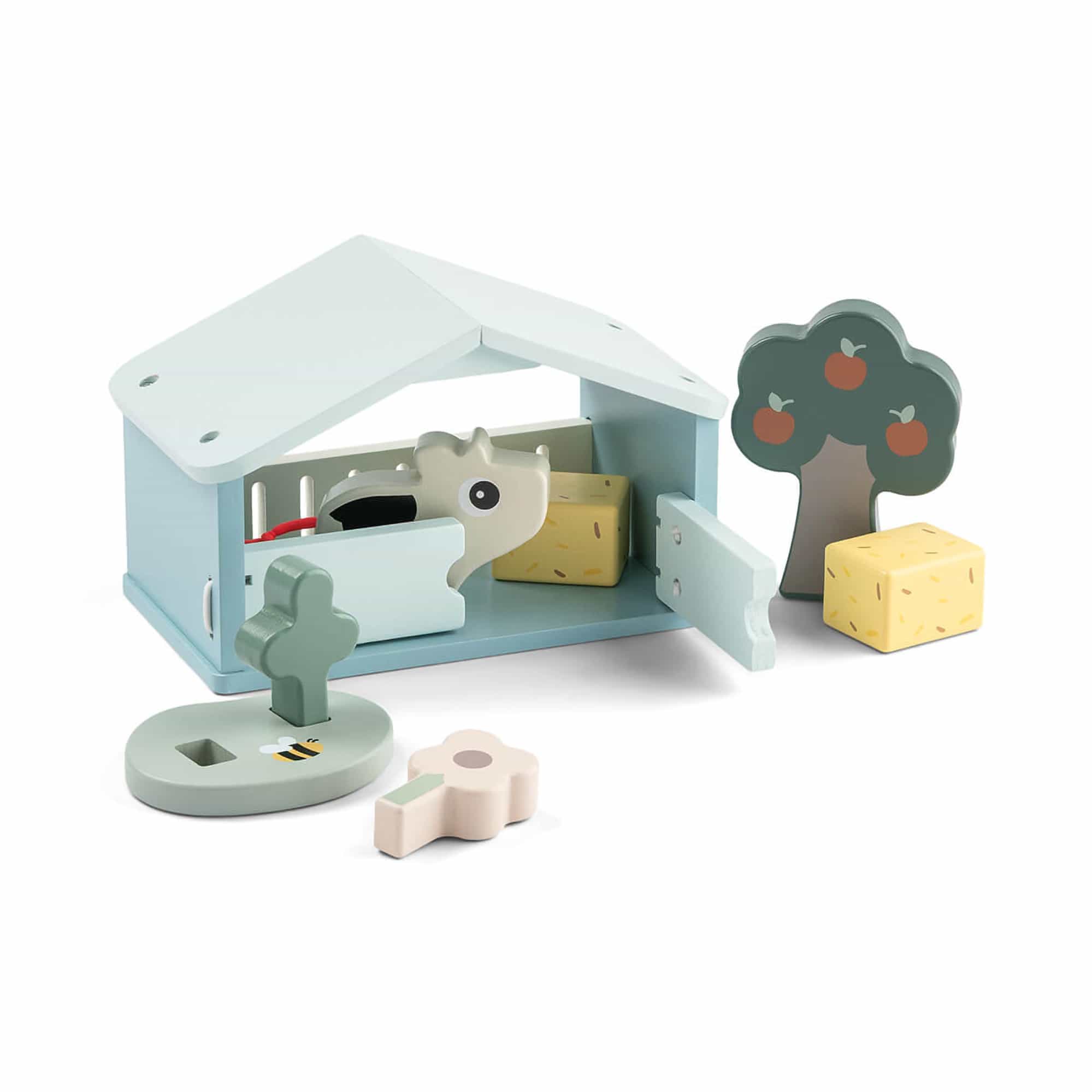 Holzfiguren, done by deer, Blau – Besonderheit: mit Kuh Dotti, einem Baum sowie einer Blumenwiese und einem Stall mit Heuballen
