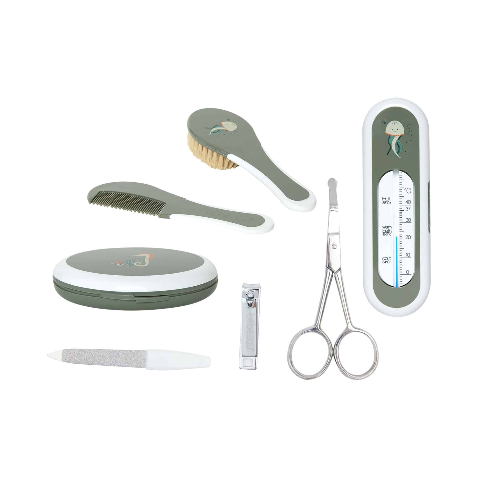 Babypflege-Sets, bébé-jou, Grün – Besonderheit: enthält Kamm, Bürste, Maniküre-Set und Badethermometer