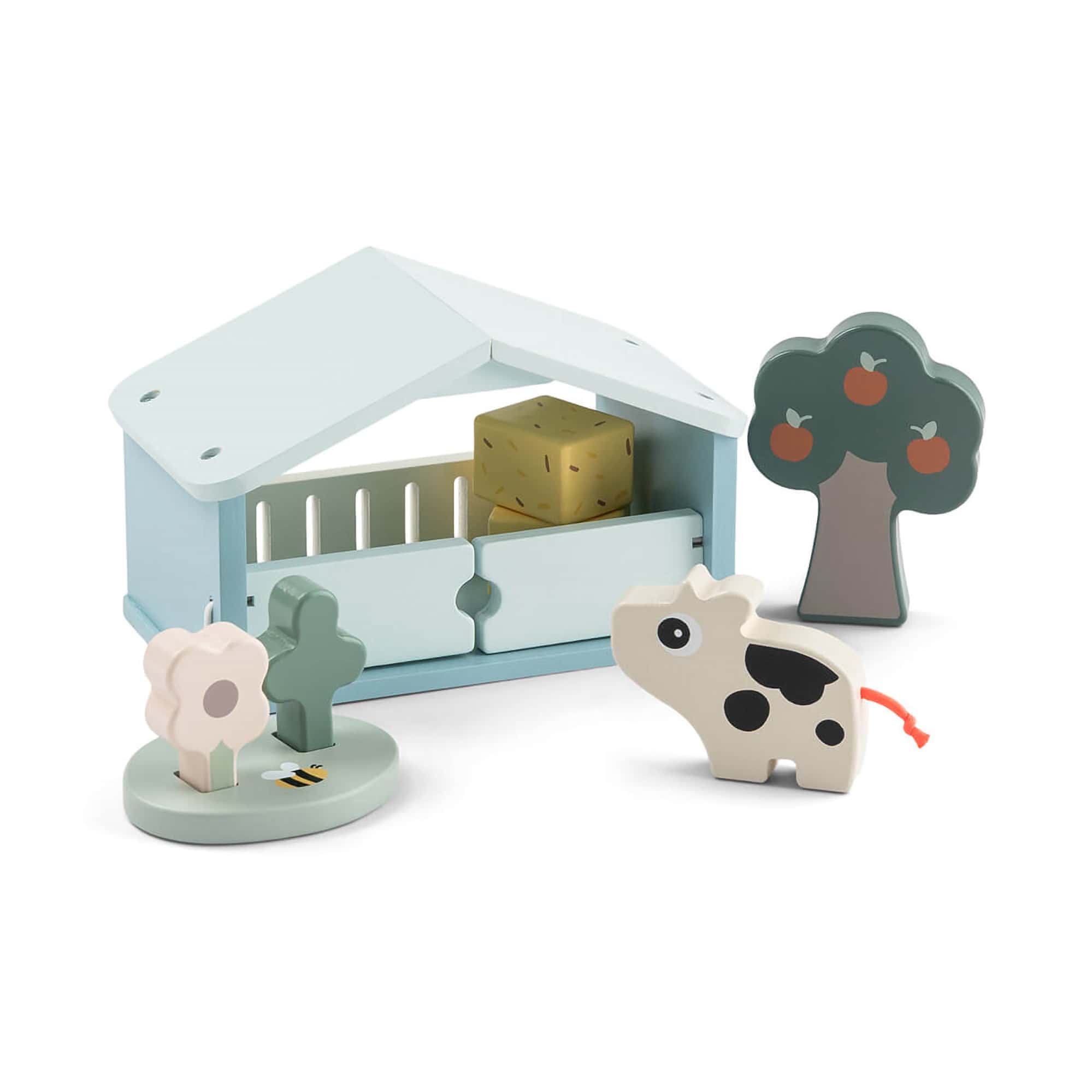 Holzfiguren, done by deer, Blau – Besonderheit: mit Kuh Dotti, einem Baum sowie einer Blumenwiese und einem Stall mit Heuballen
