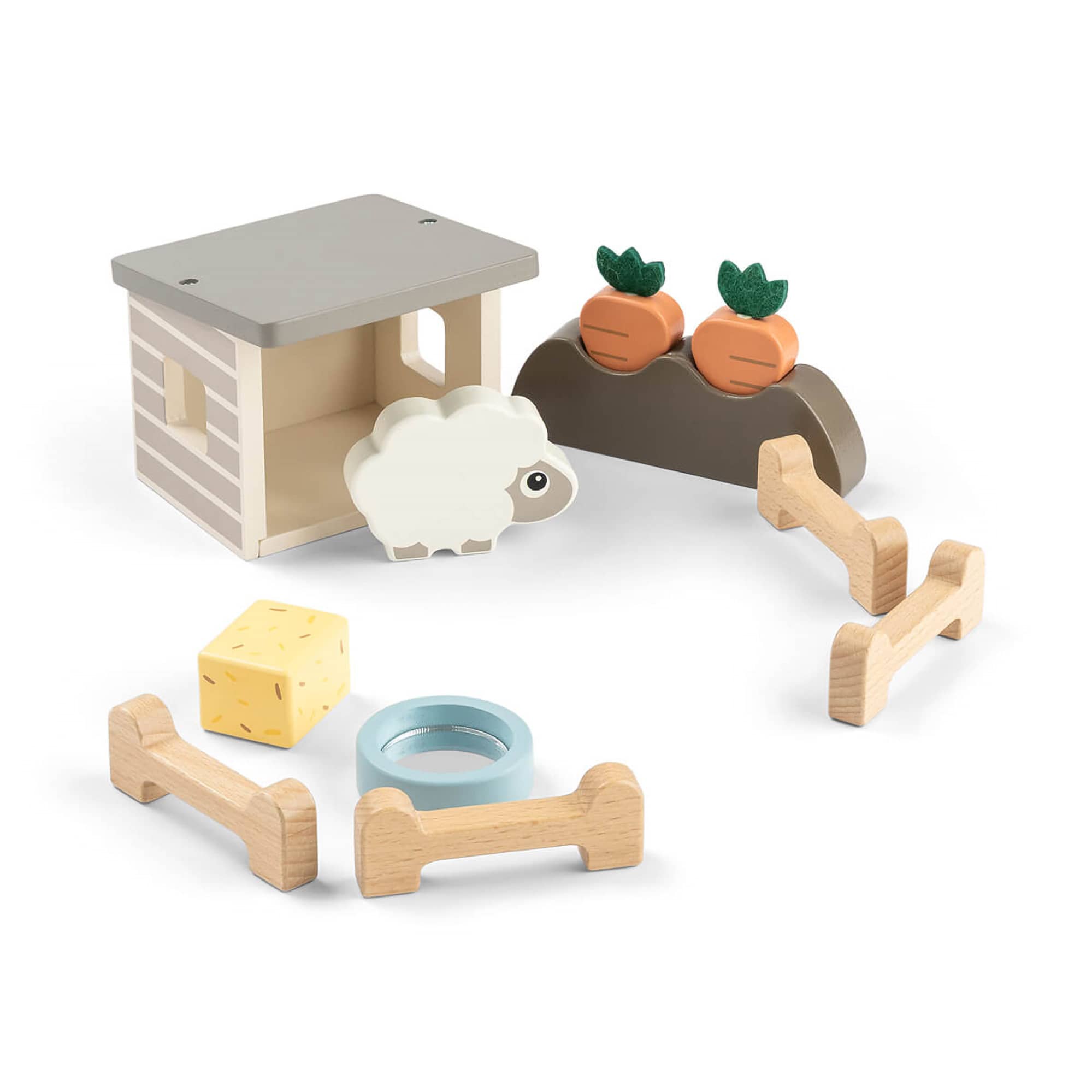 Holzfiguren, done by deer, Weiß – Besonderheit: mit Schaf Sheepy, einem Stall, Möhren, Heuballen, Futternapf und einem Zaun
