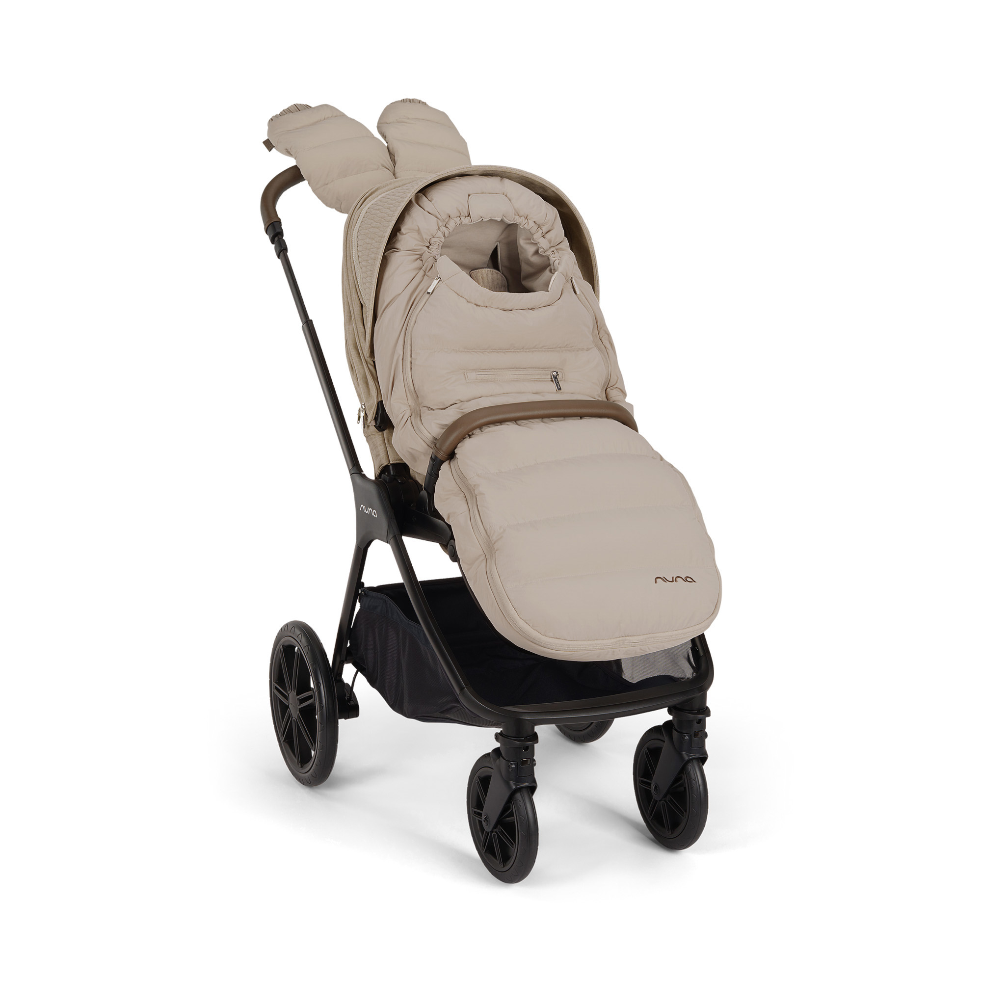 Kombi-Kinderwagen, nuna, Beige – Besonderheit: Set bestehend aus Kinderwagen, Babywanne, Regenverdeck, Fußsack und Handschuhe sowie Babyschalenadapter
