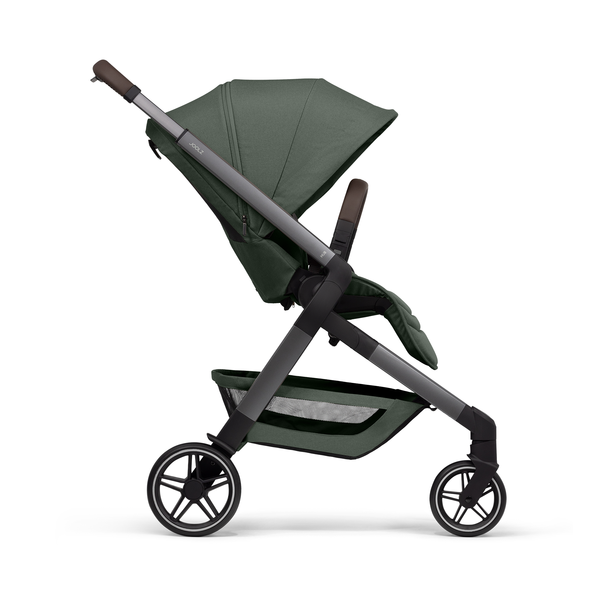 Kombi-Kinderwagen, JOOLZ, Grün – Besonderheit: mit 8 verschiedenen Sitzpositionen bis hin zu einer flachen Liegeposition
