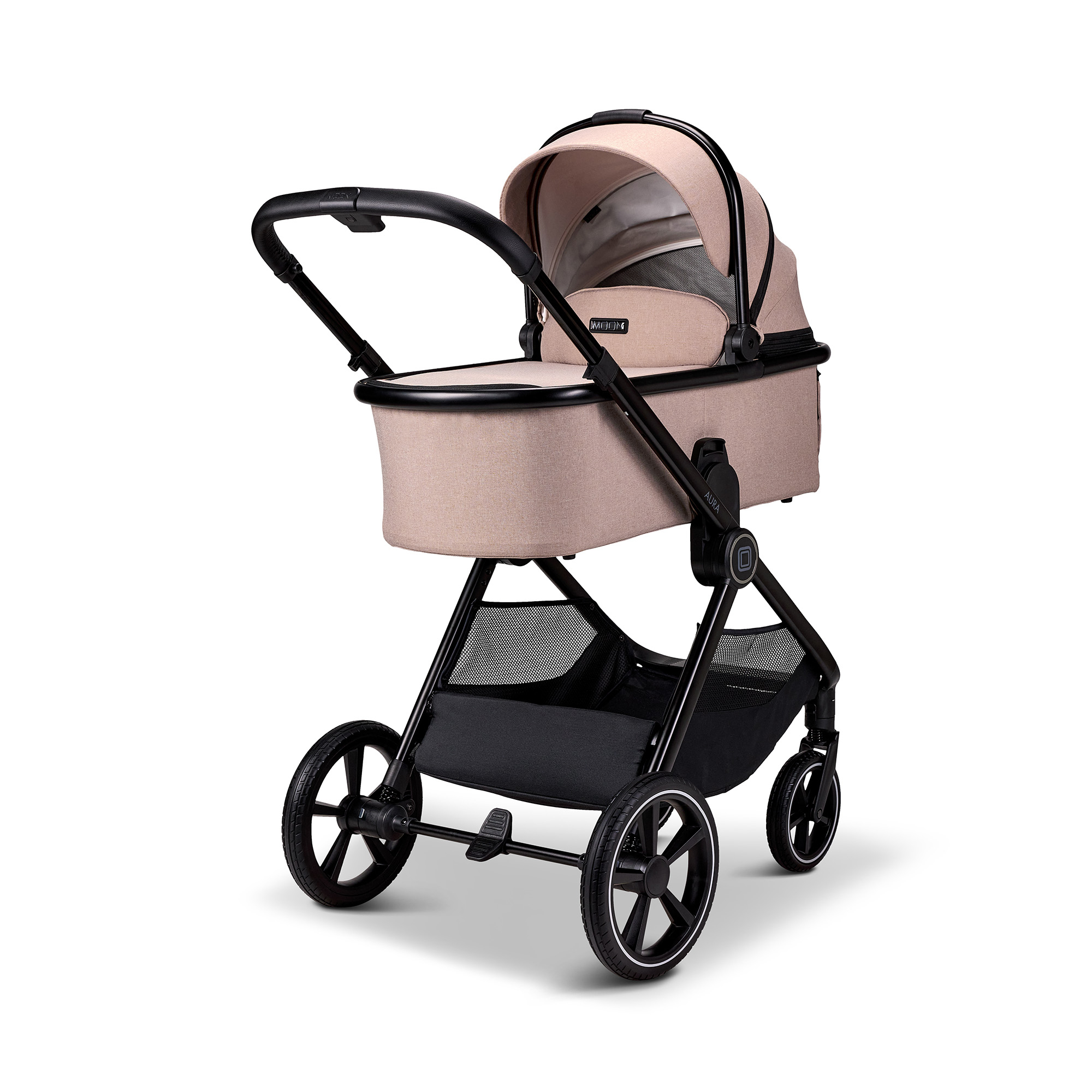 Kombi-Kinderwagen, MOON, Beige – Besonderheit: großes Sonnenverdeck mit UV-Schutz 50+ und luftdurchlässigem Fenster für Schatten und Luftzirkulation