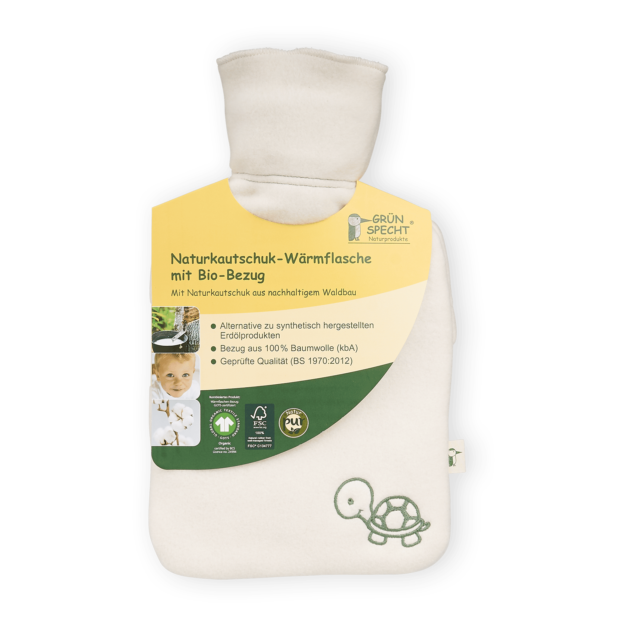 Naturkautschuk Wärmflasche klein mit Bio-Bezug GRÜNSPECHT Weiß Weiß 2000584466009 1