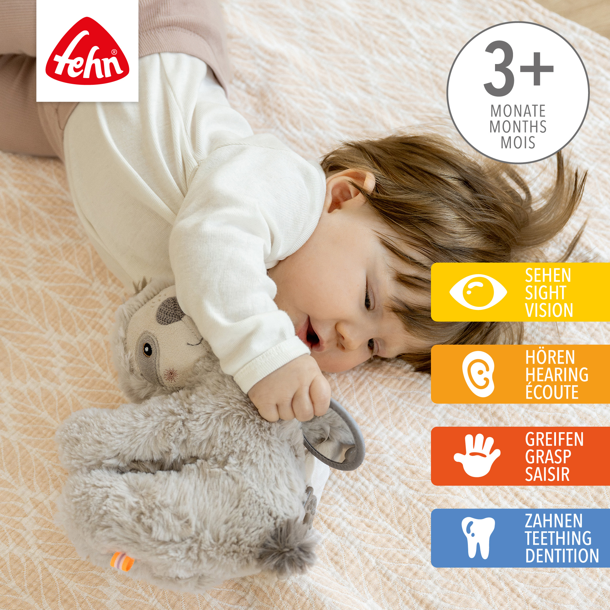 fehn, fehn, Grau – Besonderheit: Motorik-Spielzeug zum Aufhängen und Kuscheln