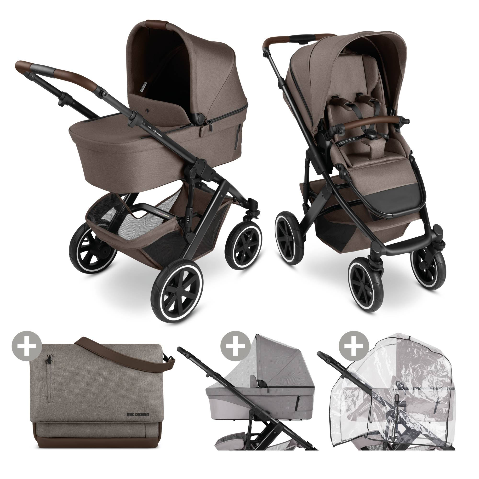 Kinderwagen Komplettsets, ABC DESIGN, Beige – Besonderheit: Set bestehend aus Kombi-Kinderwagen, Moskitonetz, Wickeltasche und Regenschutz