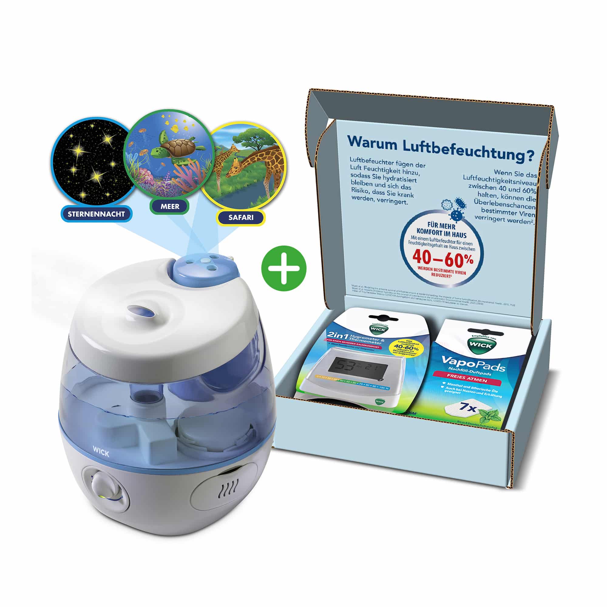WICK, Weiß – Besonderheit: Set bestehend aus Luftbefeuchter und Starter Kit mit Hygrometer & Thermometer