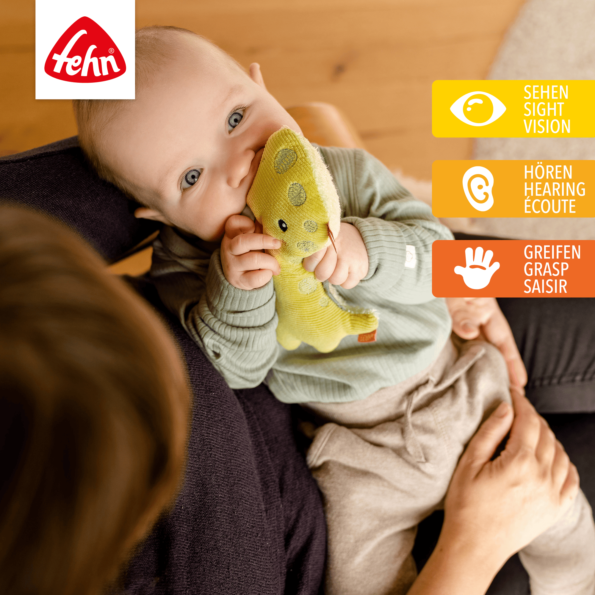 Rasseln & Greiflinge, fehn, Gelb – Besonderheit: fördert den Hör-, Tast- und Greifsinn