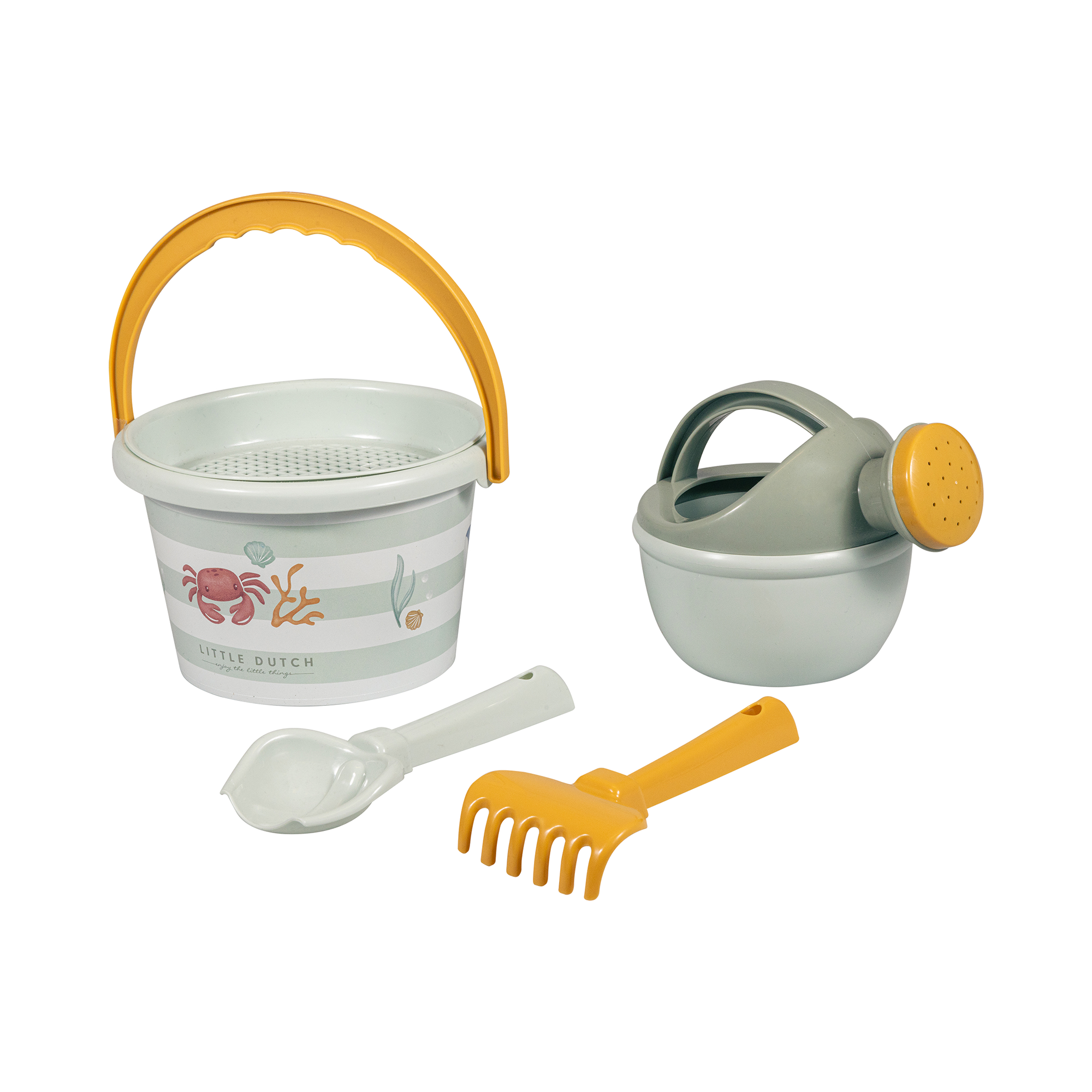 Sandspielzeug, LITTLE DUTCH, Grün – Besonderheit: bestehend aus Eimer, Sieb, Schaufel, Rechen und Gießkanne