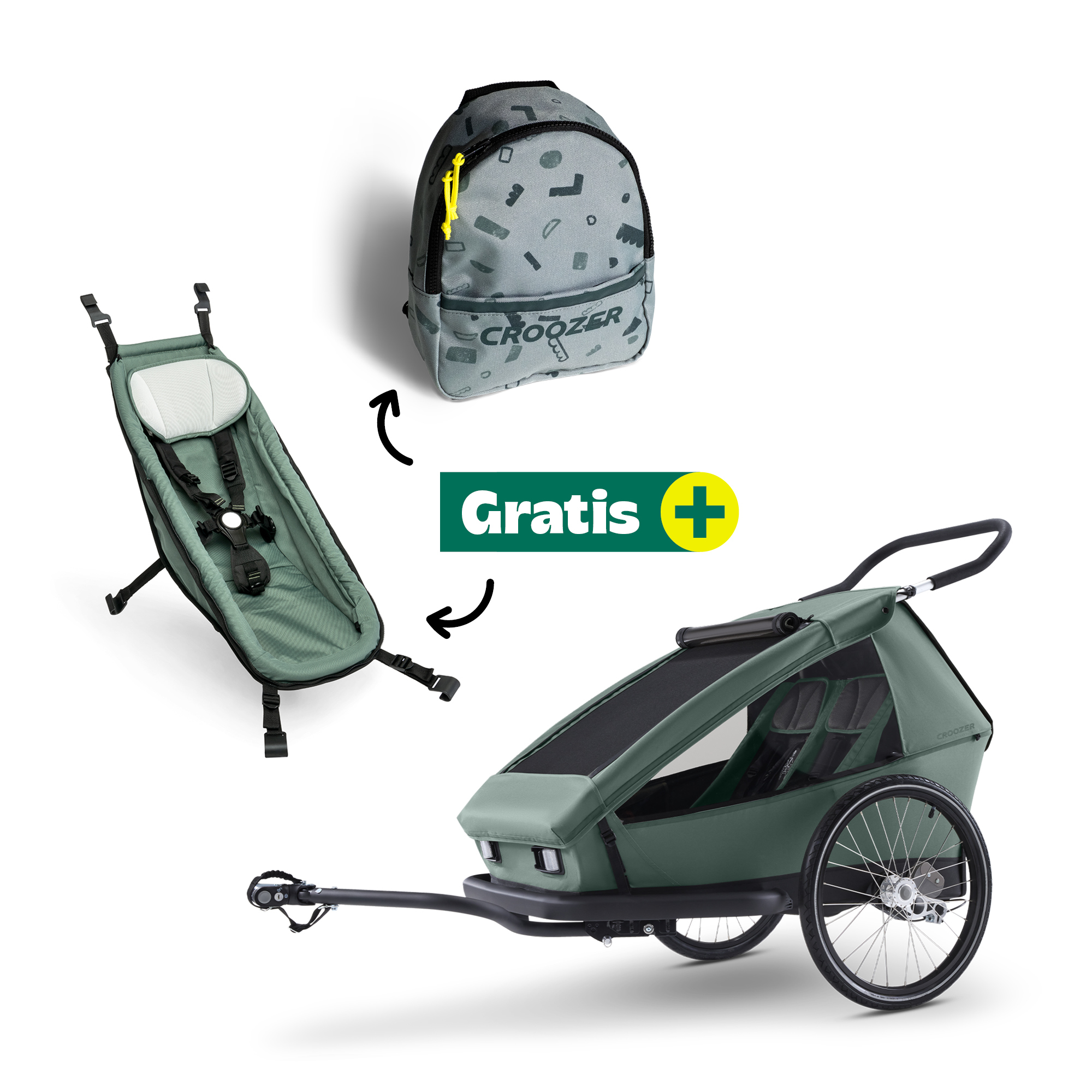 Croozer, Grün – Besonderheit: Set bestehend aus Fahrradanhänger, Babysitz und Kinderrucksack