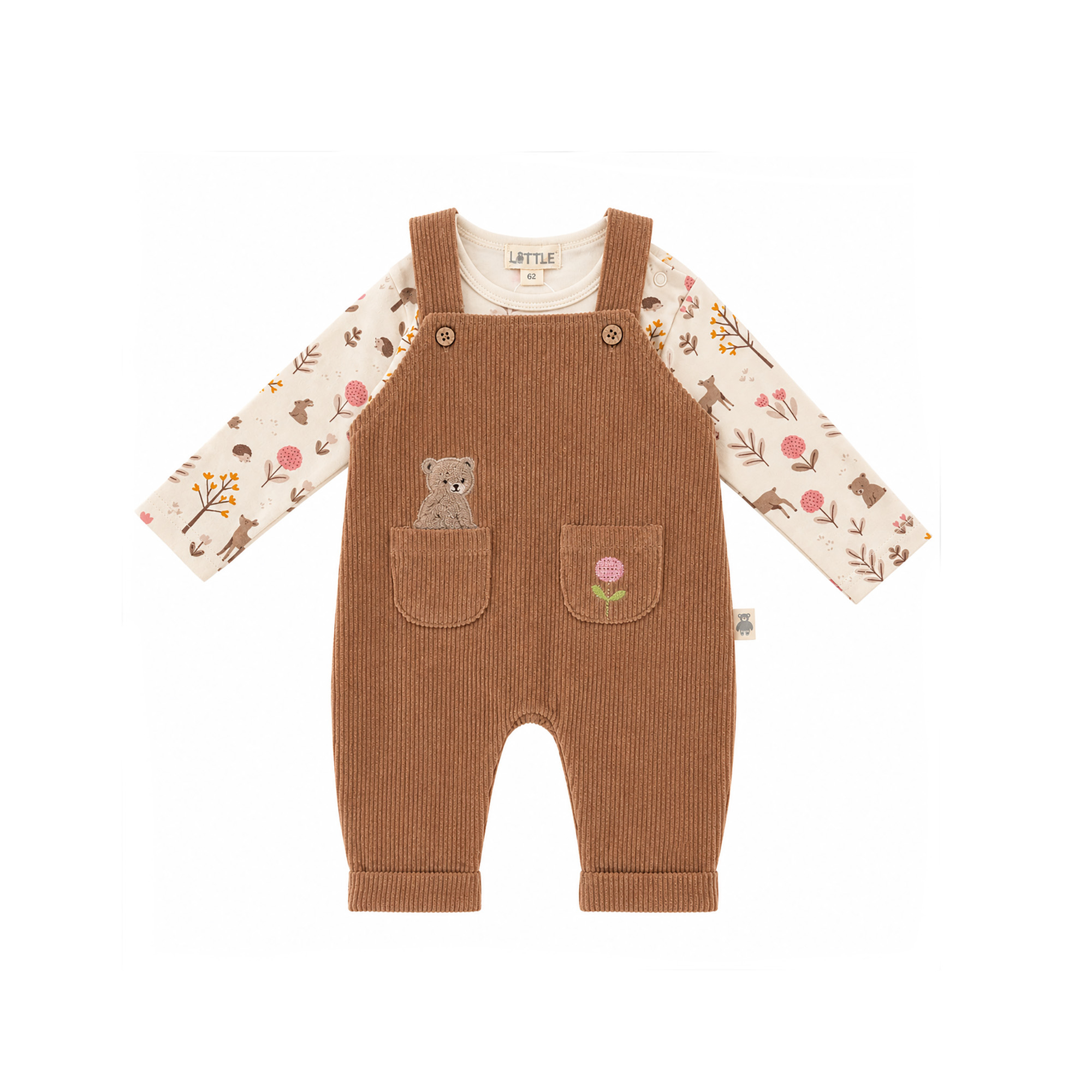 Strampler, LITTLE, Beige – Besonderheit: Set bestehend aus Latzhose und Langarmshirt