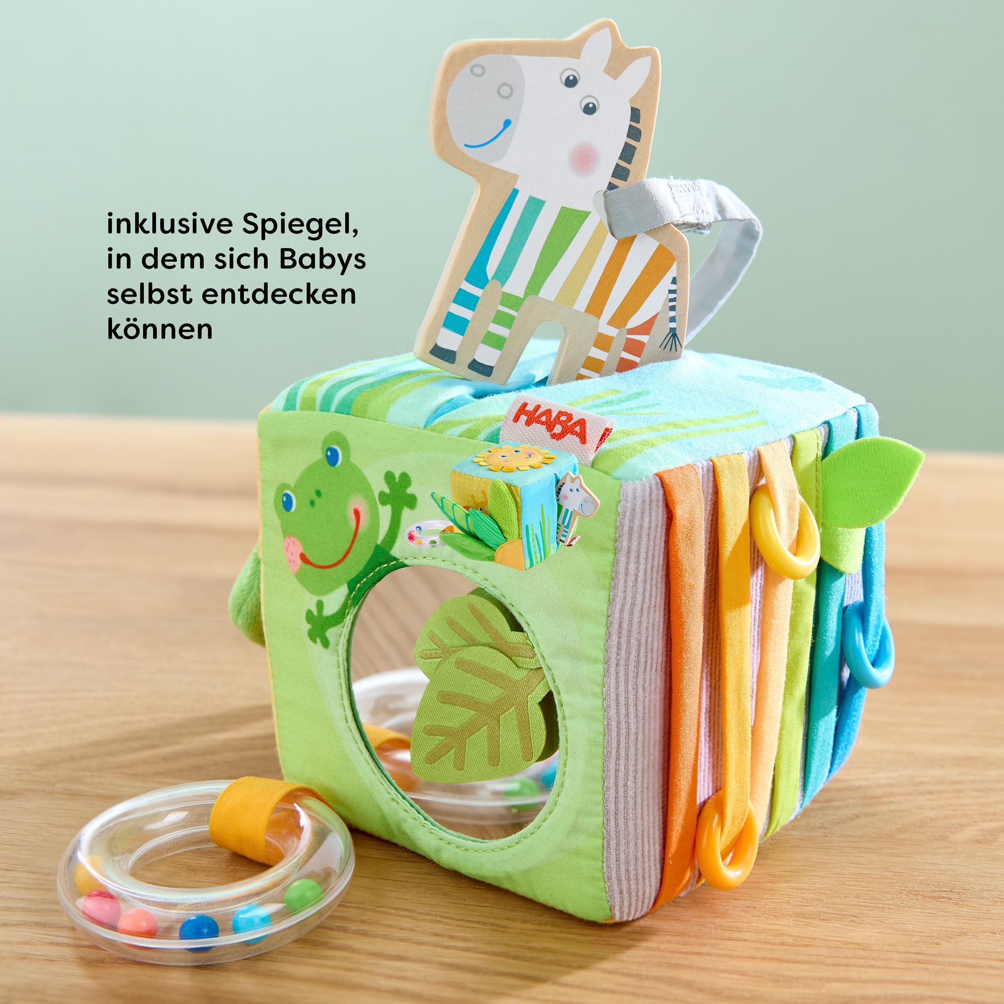 Spielwürfel, HABA, Grün – Besonderheit: Zebra lässt sich heraus- und zum Spielen und Waschen abnehmen
