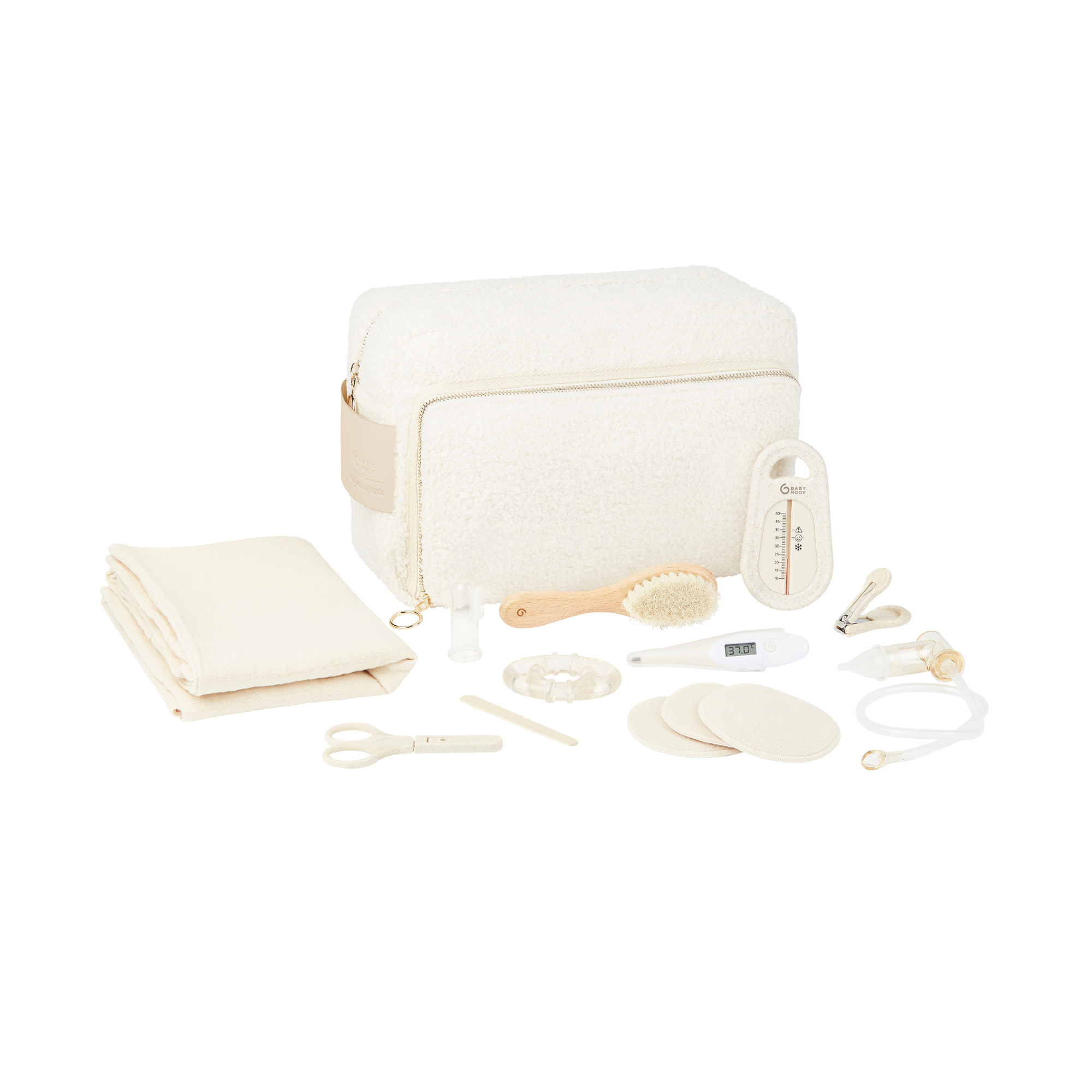 Babypflege-Sets, babymoov, Weiß – Besonderheit: enthält Wickeltuch, 3 Mikrofasertücher, Holzbürste, Badethermometer, Fieberthermometer, Beißring, Nagelfeile, Nasensauger, Nagelknipser, Spitzenschere und Zahnfleischmassagegerät