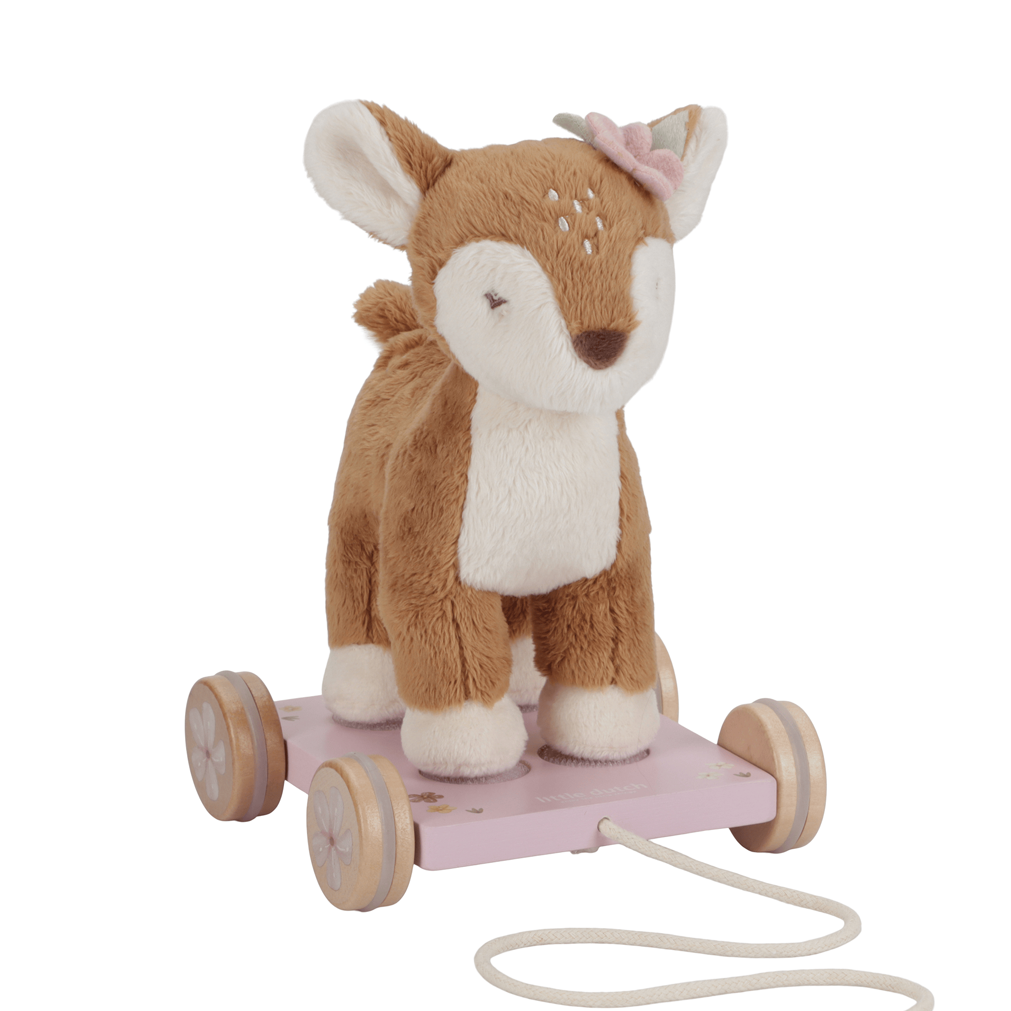 Nachziehtiere, LITTLE DUTCH, Pink – Besonderheit: kuscheliger Hirsch auf einem blumengeschmückten Holzwagen