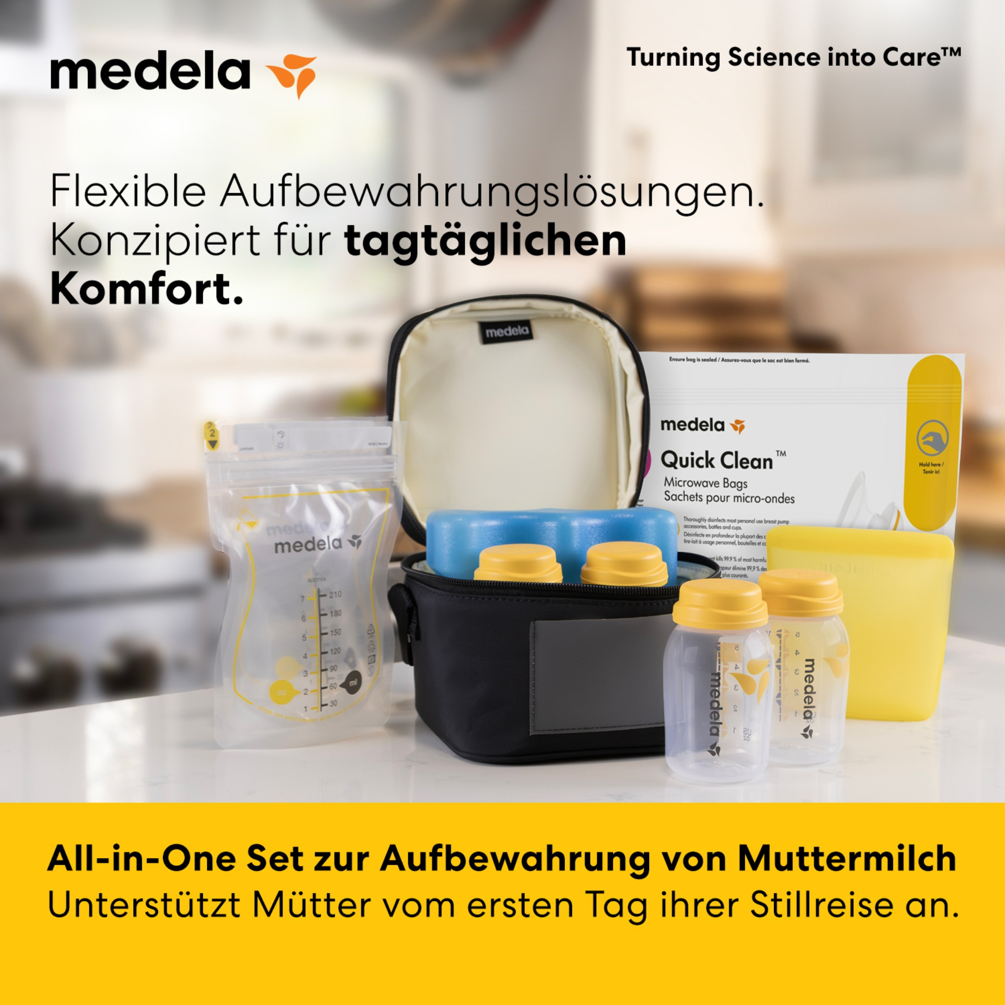 Stillzubehör, medela, Weiß – Besonderheit: Set bestehend aus 4x Easy Pour Muttermilchbeutel, 4x 150ml Muttermilchflaschen, 1x wiederverwendbarer Muttermilchbeutel aus Silikon 220ml, 1x Kühltasche mit Kühlaggregat, 1x Quick Clean Mikrowellenbeutel, 1x Gebrauchsanleitung
