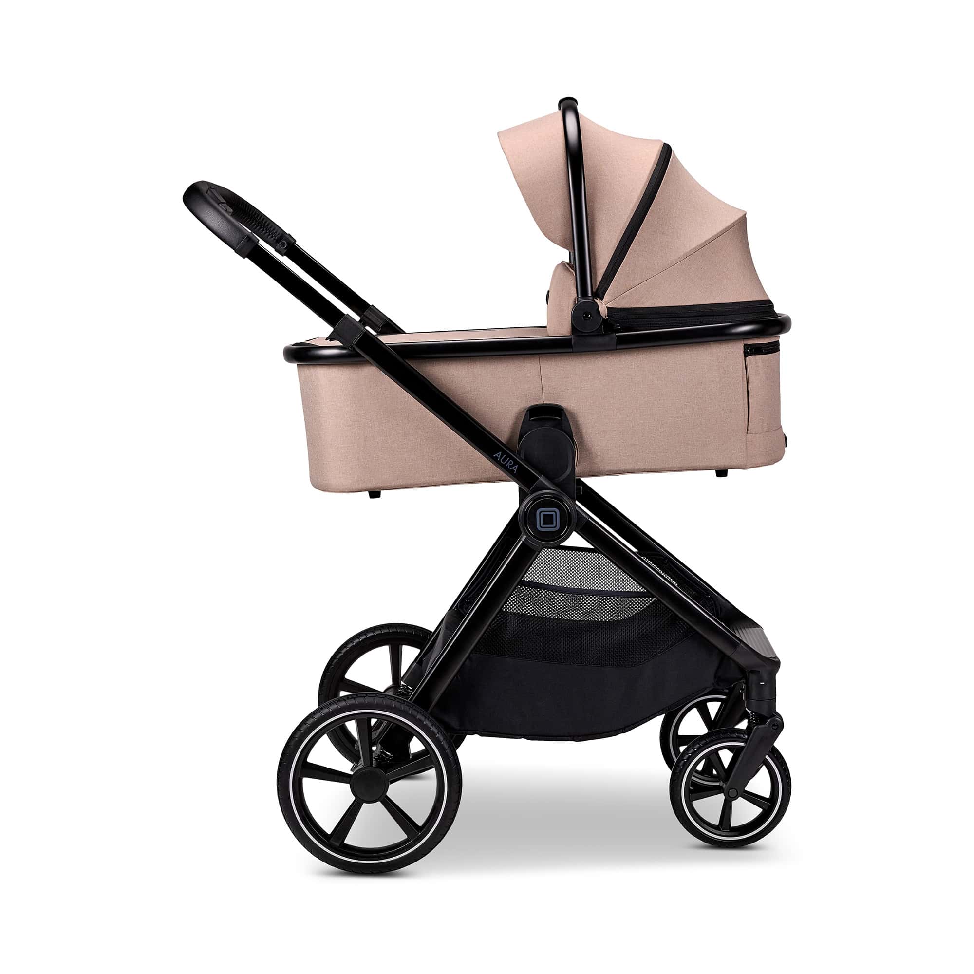 Kombi-Kinderwagen, MOON, Beige – Besonderheit: großes Sonnenverdeck mit UV-Schutz 50+ und luftdurchlässigem Fenster für Schatten und Luftzirkulation