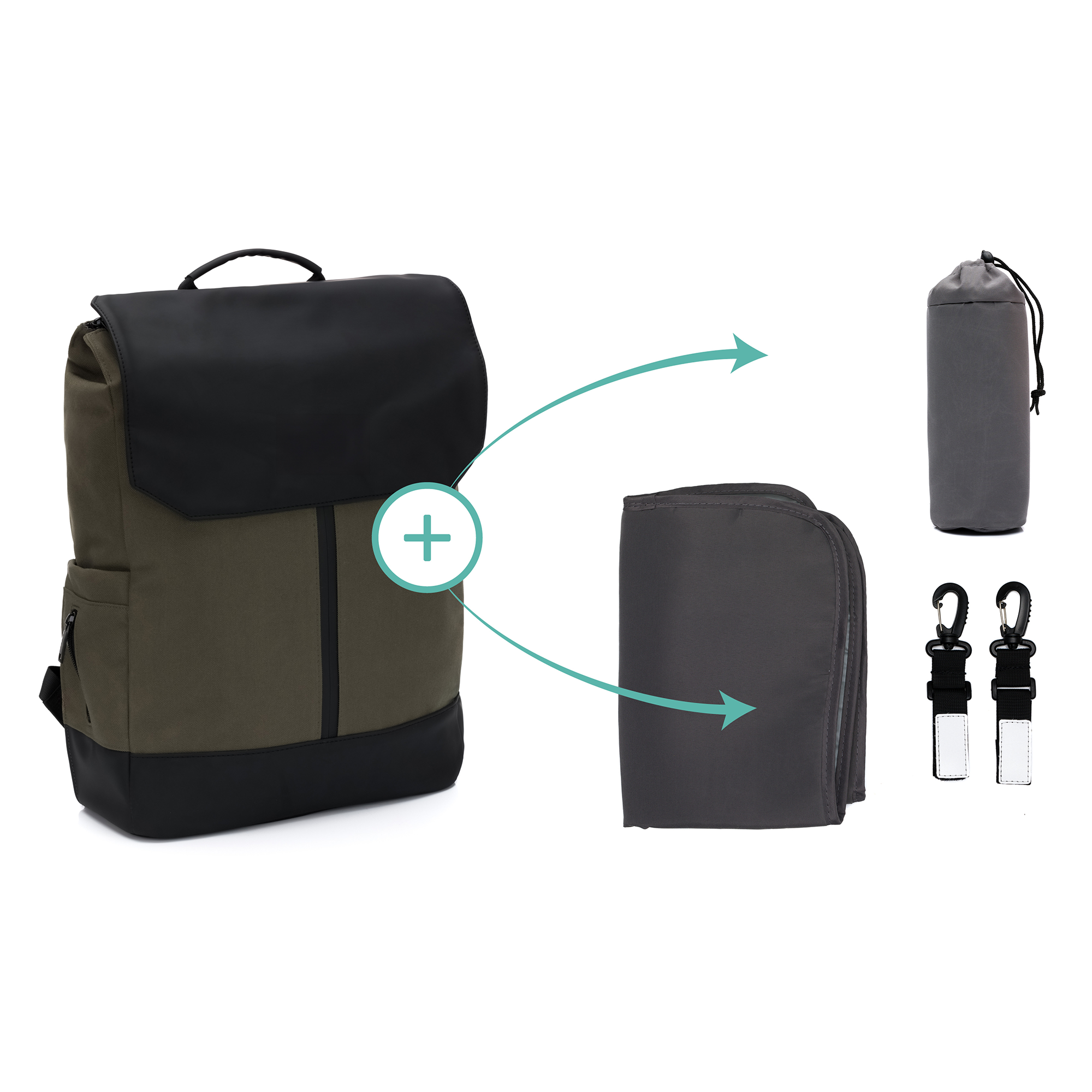 Wickelrucksäcke, LITTLE ONE, Grün – Besonderheit: inklusive Wickelauflage und Flaschenwärmer