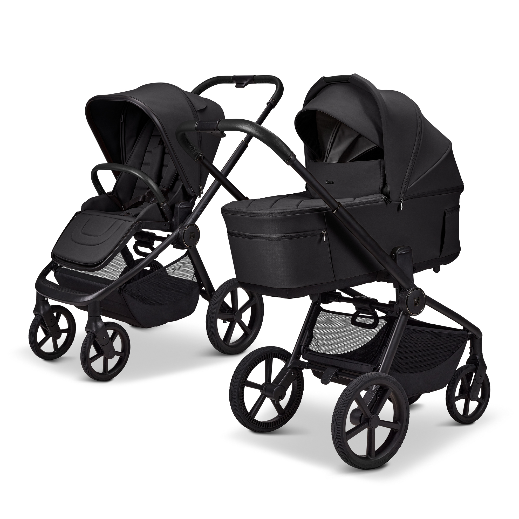 Kombi-Kinderwagen, MOON, Schwarz – Besonderheit: faltbar mit Babywanne auf dem Gestell