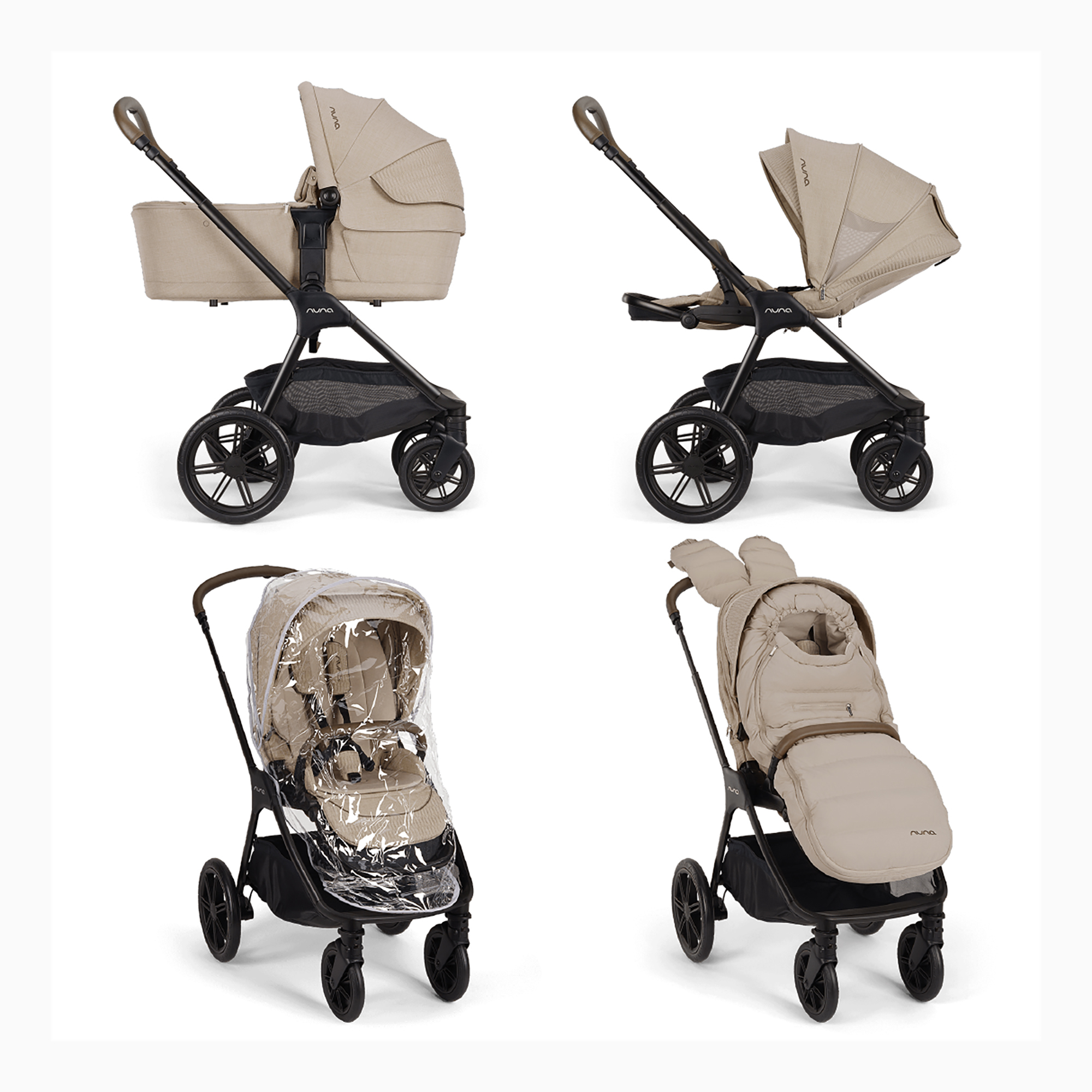 Kombi-Kinderwagen, nuna, Beige – Besonderheit: Set bestehend aus Kinderwagen, Babywanne, Regenverdeck, Fußsack und Handschuhe sowie Babyschalenadapter
