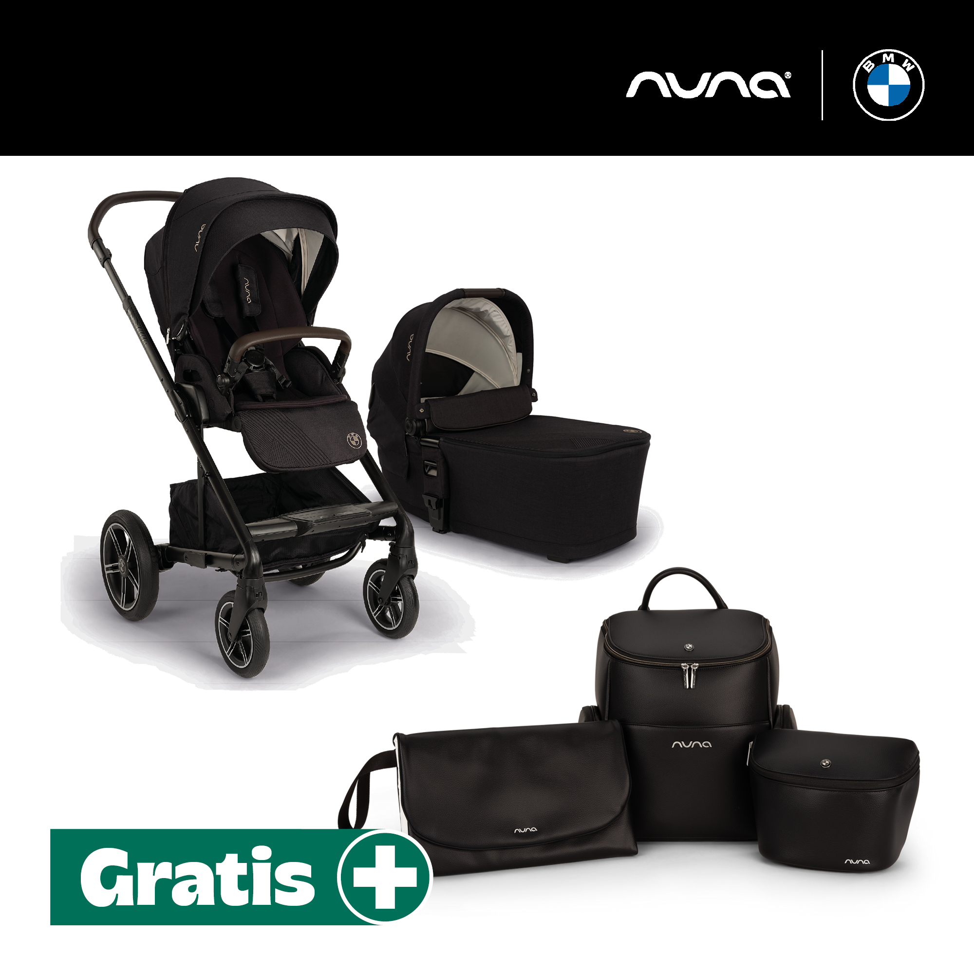 Kombi-Kinderwagen, nuna, Schwarz – Besonderheit: intensives Carbon-Schwarz mit dem unverwechselbaren BMW Trinity Muster und dunkelbraunen Leatherette-Akzenten