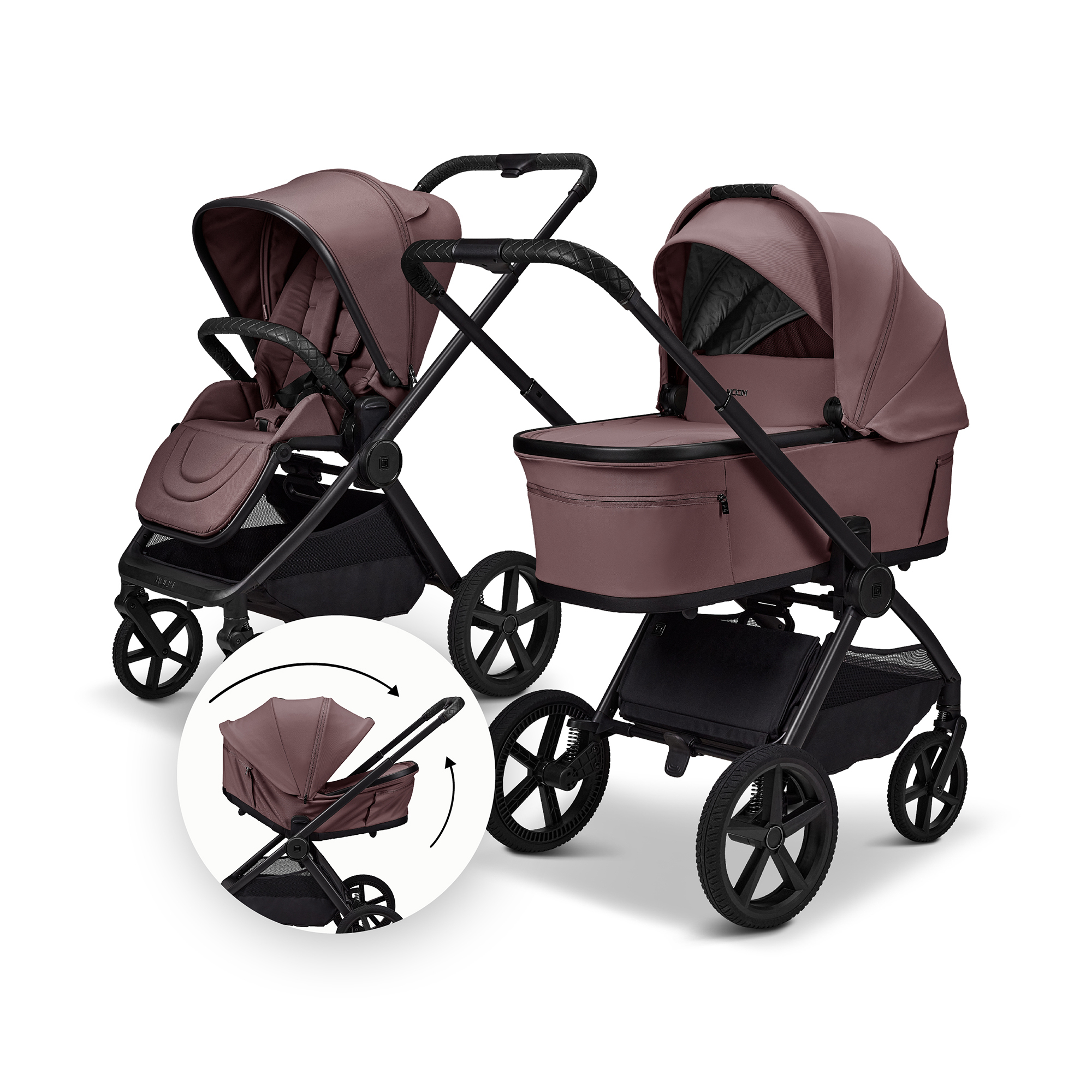 Kombi-Kinderwagen, MOON, Braun – Besonderheit: zusammenfaltbar mit Babywanne  oder Sportsitz auf dem Gestell