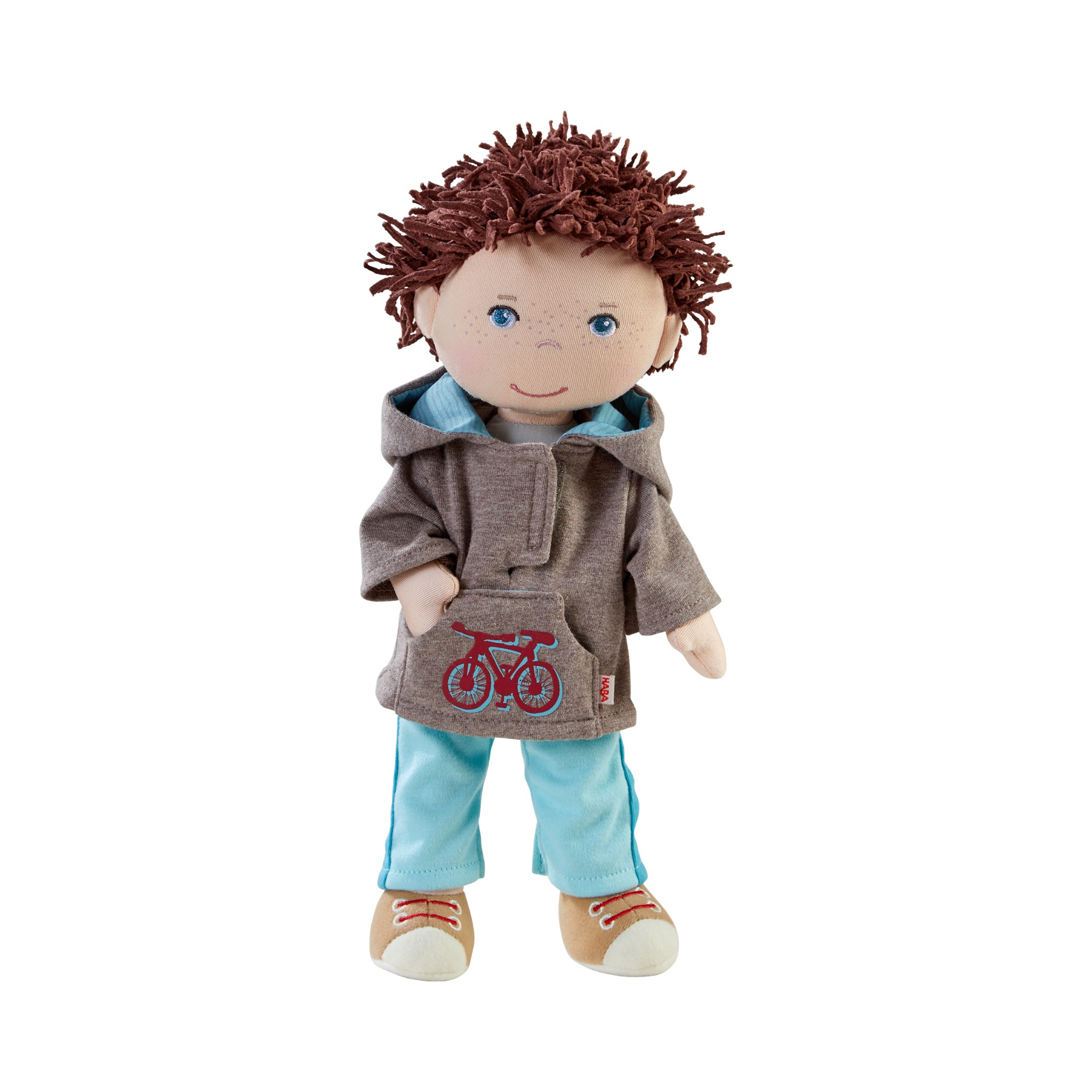 Puppen & Puppenwagen, HABA, Braun – Besonderheit: braune Haare und Sweatshirt mit Kapuze
