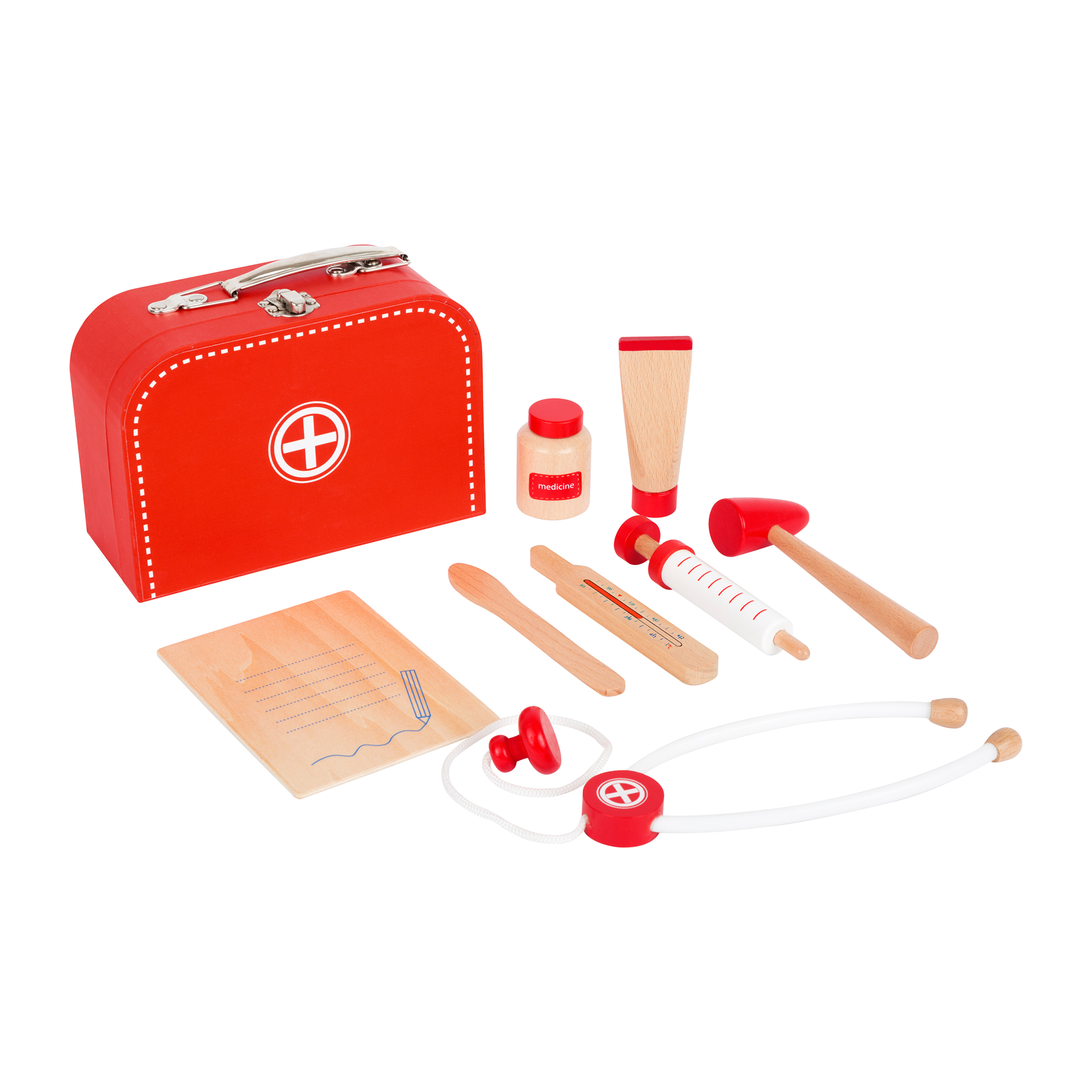 Arztsets, small foot, Rot – Besonderheit: enthält 1 Arztkoffer, 1 Notizbrett, 1 Spritze, 1 Stethoskop, 1 Thermometer, 1 Reflexhammer, 1 Medizindose, 1 Tube und 1 Skalpell