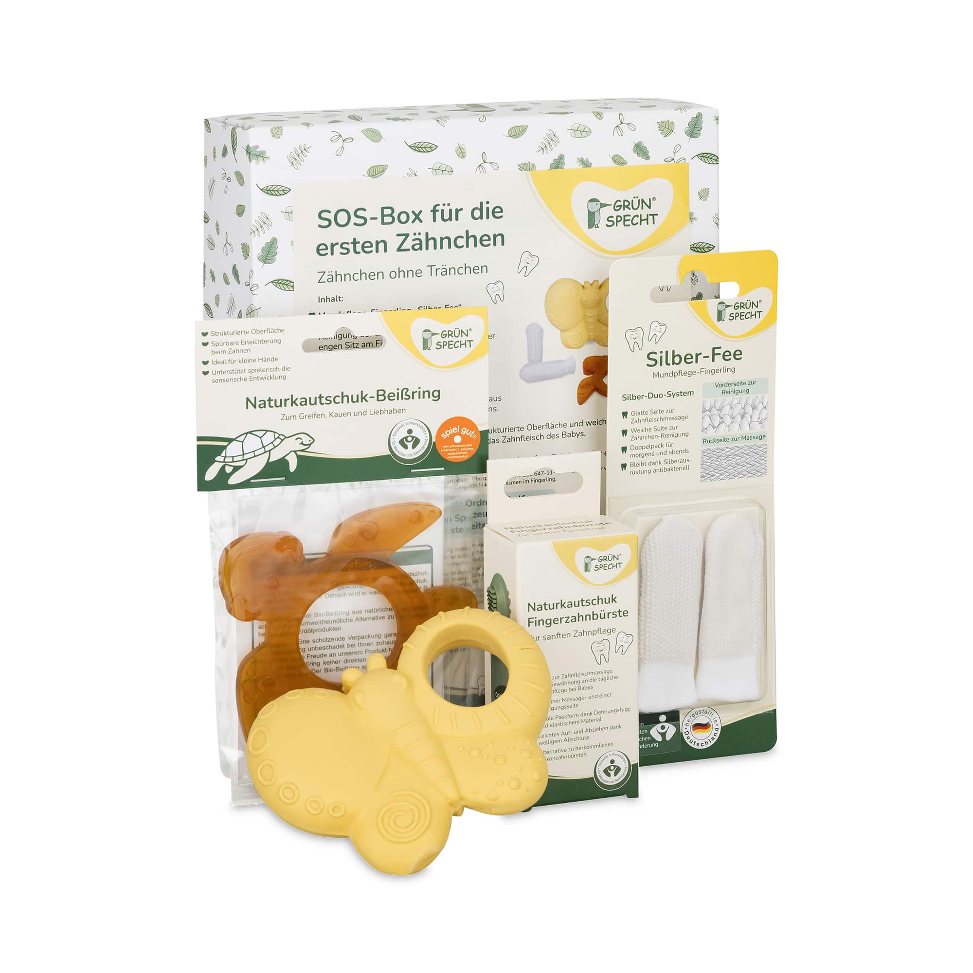 Beißringe, GRÜNSPECHT, Gelb – Besonderheit: Set aus Beißring, Spieltier, Fingerling, und Fingerzahnbürste