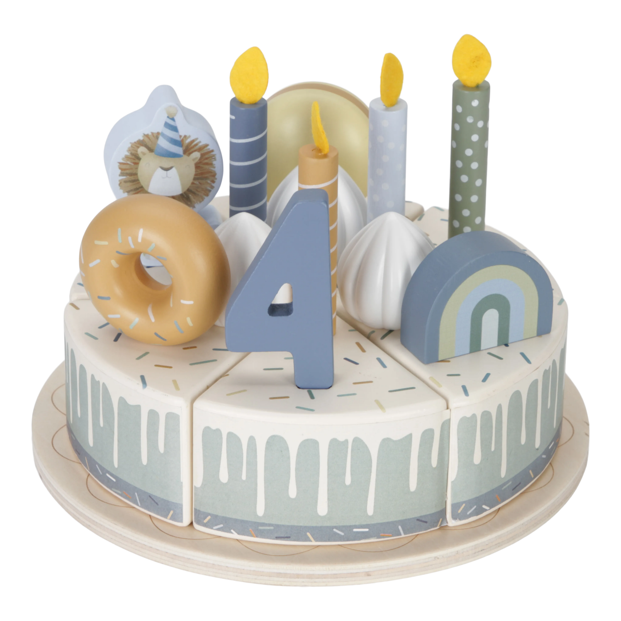Holzspielzeug, LITTLE DUTCH, Blau – Besonderheit: mit 6 Kuchenstücken, Teller, Tortenheber, Donut, Macaron, Löwe, Fuchs, Regenbogen, 5 Kerzen, 3 Sahnehäubchen und 5 Zahlen