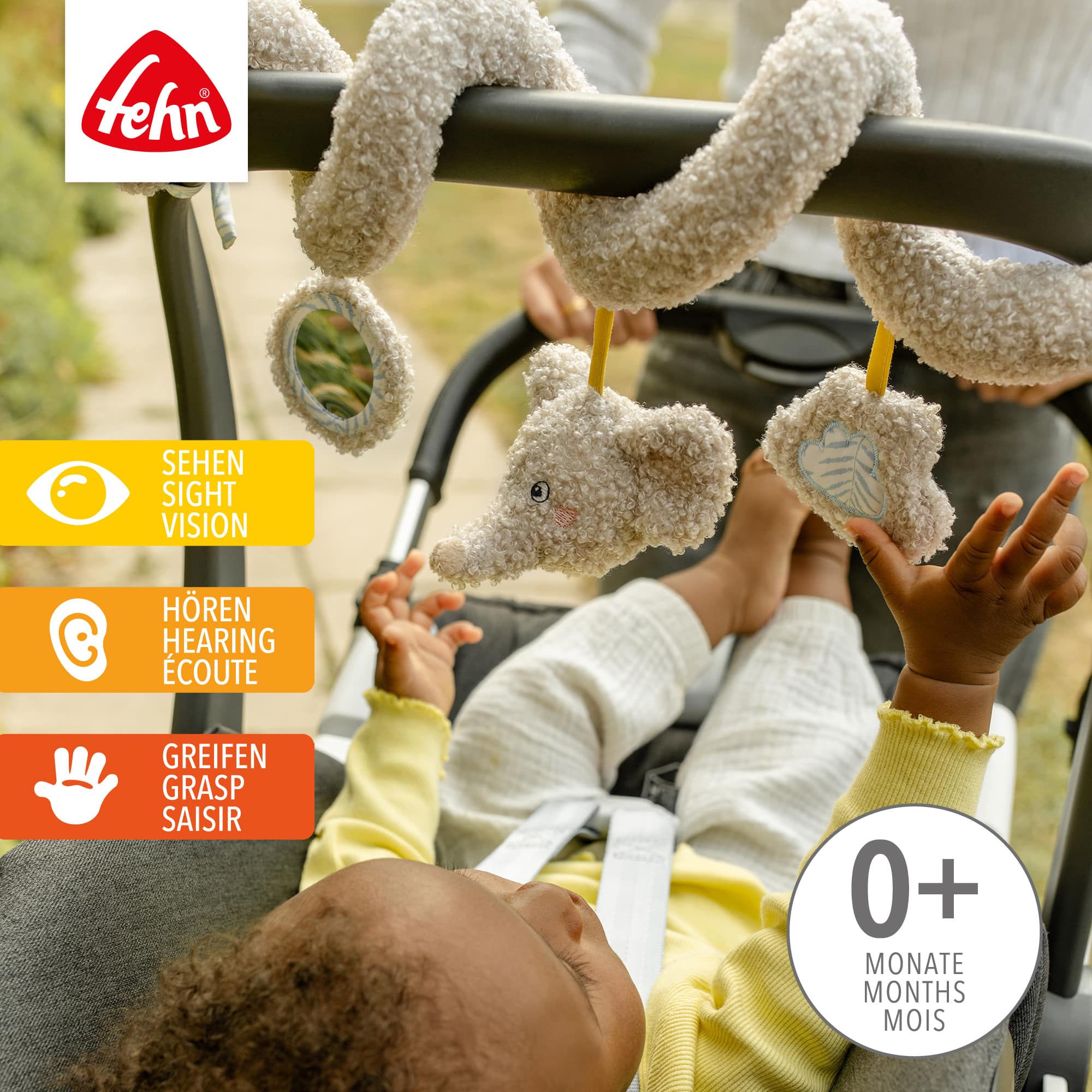 Kinderwagen Spielzeug, fehn, Grau – Besonderheit: mit Rassel, Raschelpapier und Spiegel