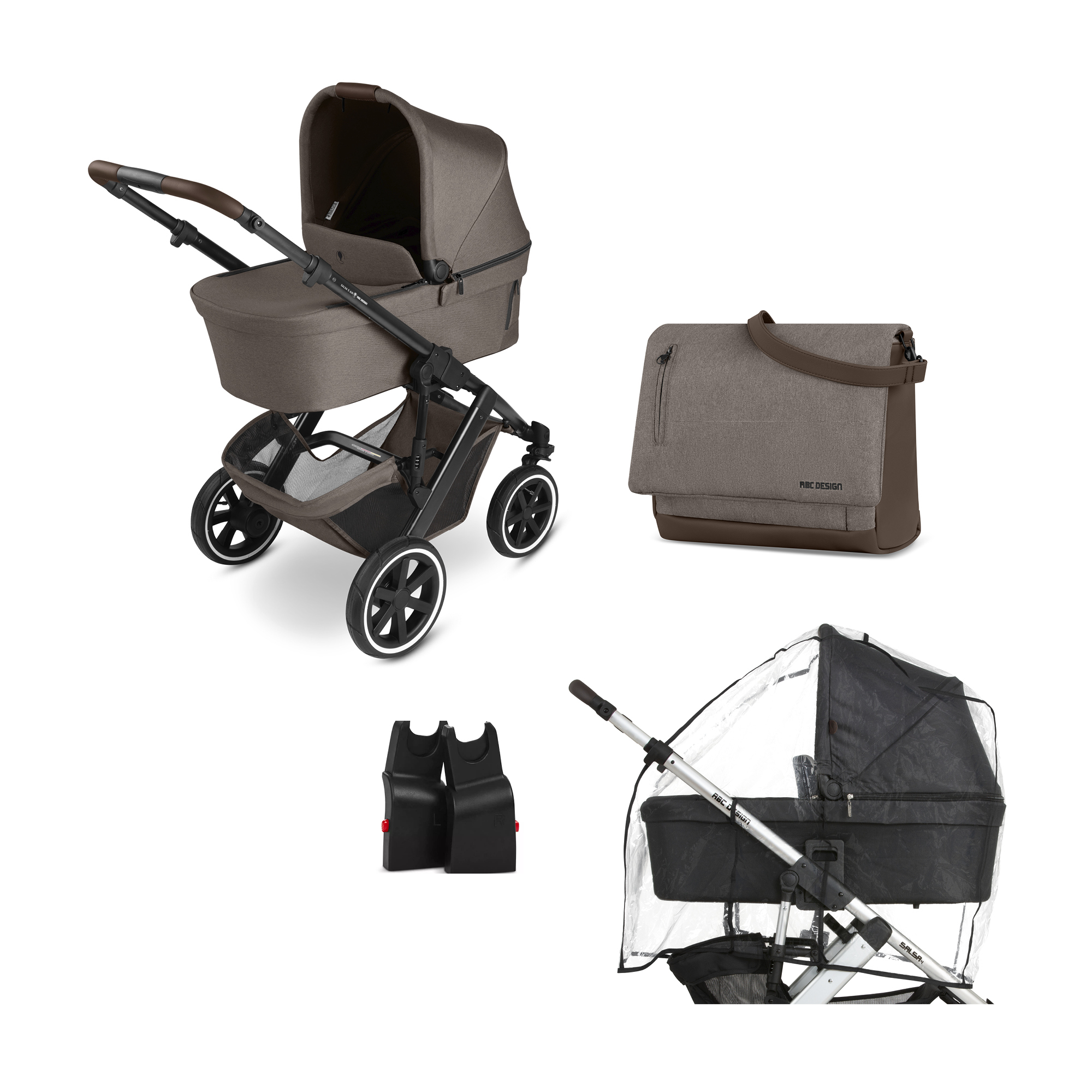 Kinderwagen Komplettsets, ABC DESIGN, Beige – Besonderheit: Set bestehend aus Kombi-Kinderwagen, Wickeltasche, Regenschutz und Adapter