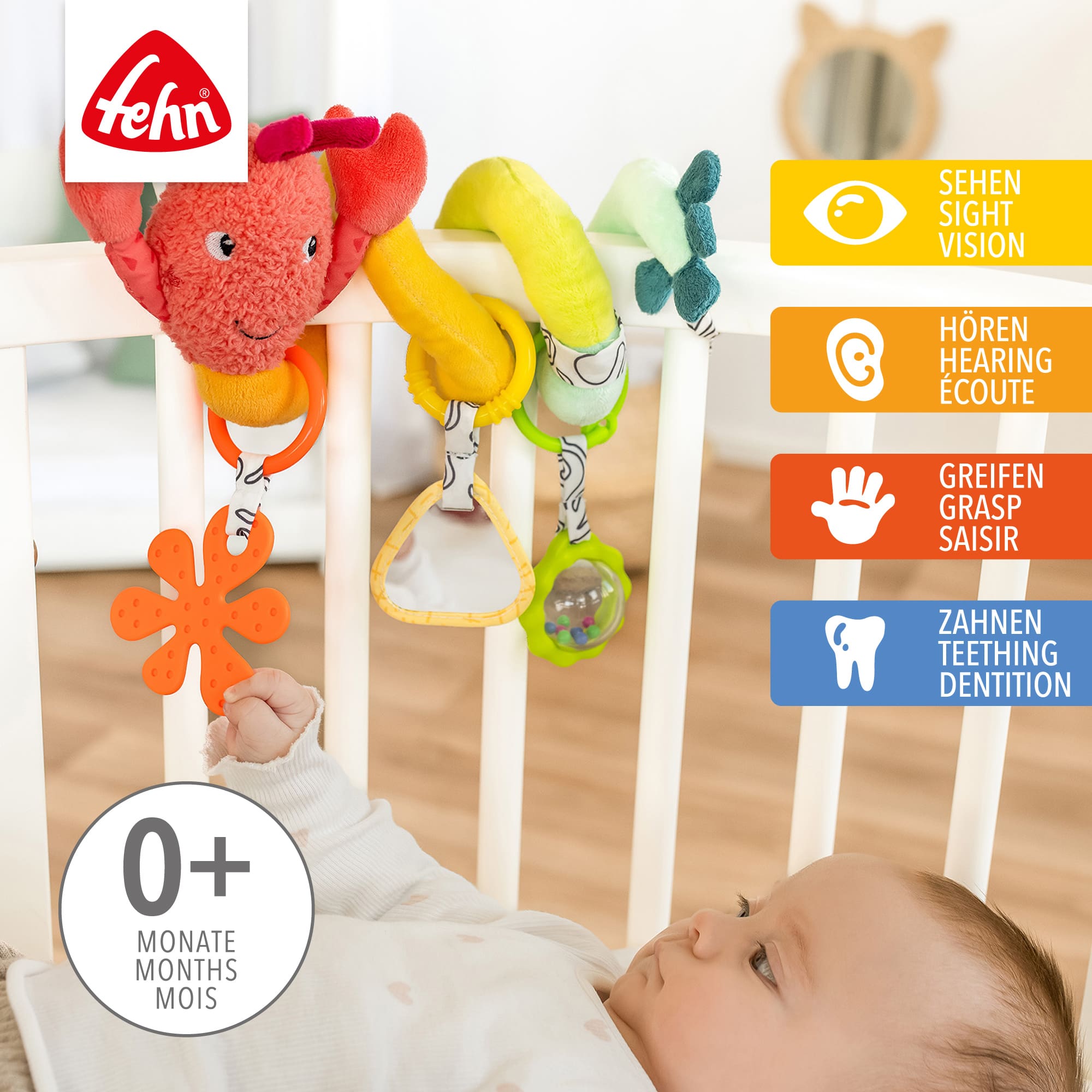 Kinderwagenketten, fehn, Mehrfarbig – Besonderheit: mit Ballrassel, Spiegel, Quietsche, Softbeiß-Element und Materialmix